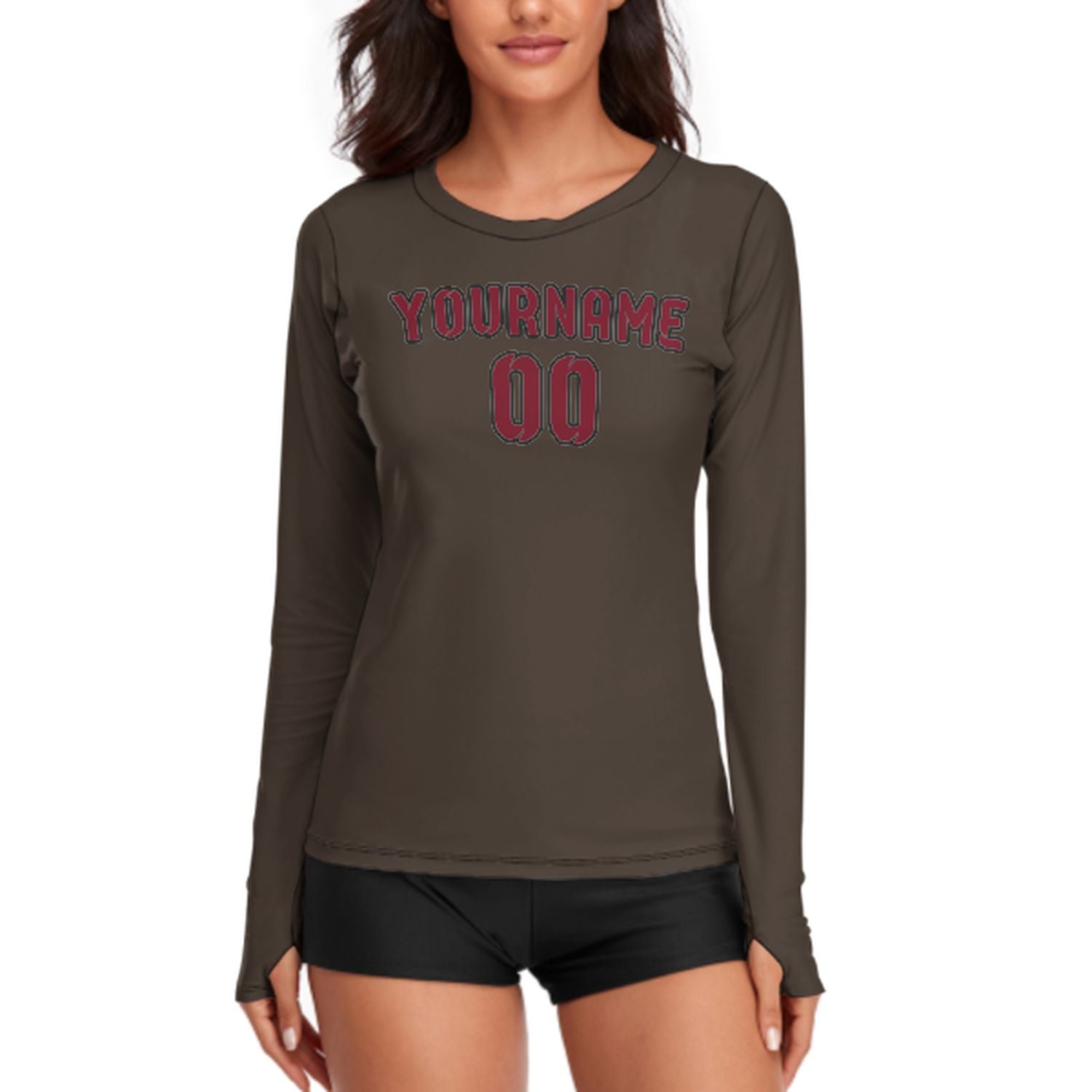 Maßgeschneidertes Braun Karmesinrot Damen Langarmshirt