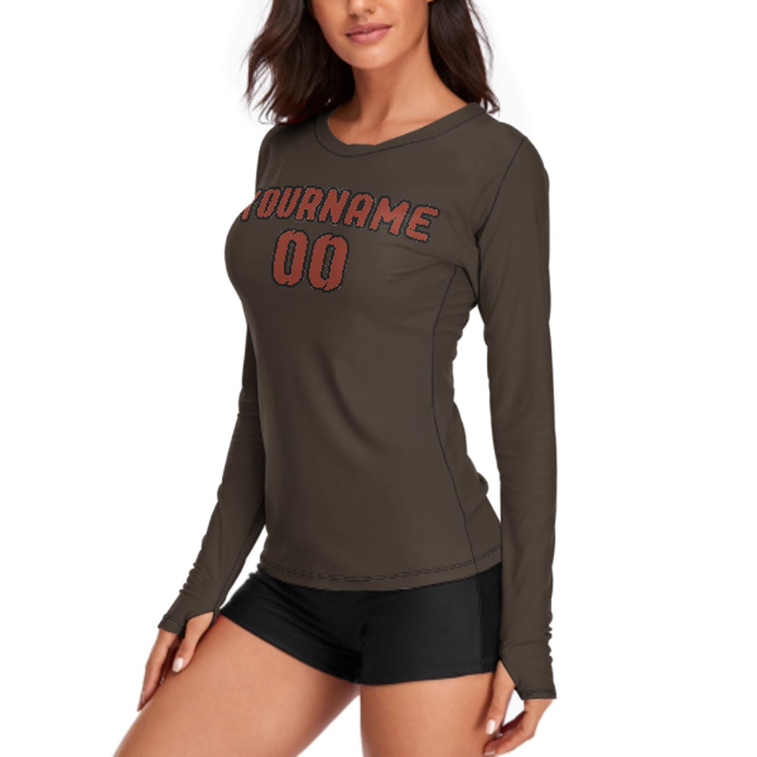 Maßgeschneidertes Braun Korallenrot Damen Langarmshirt