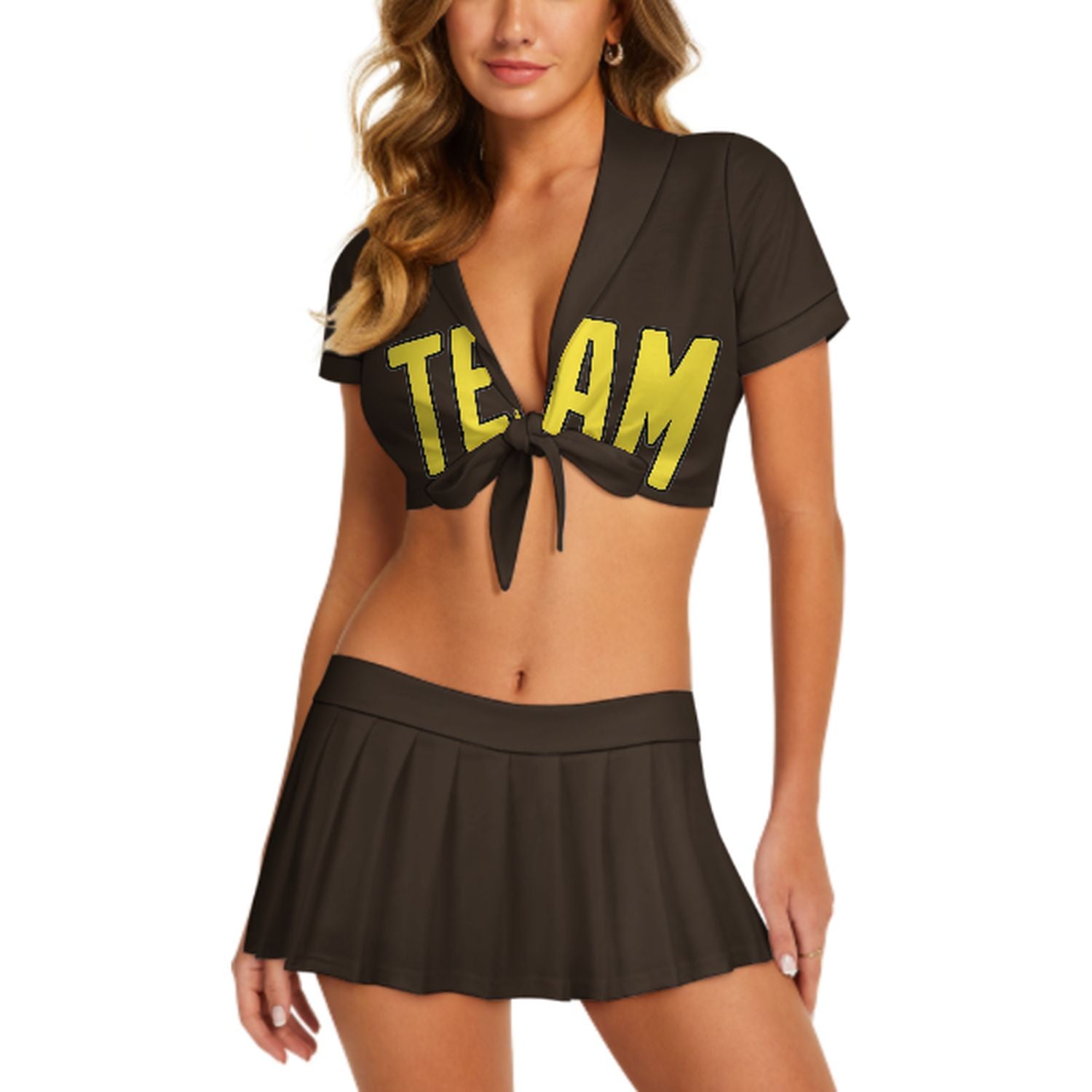 Maßgeschneidertes Braun Blassgelb Cheerleader Outfit Set