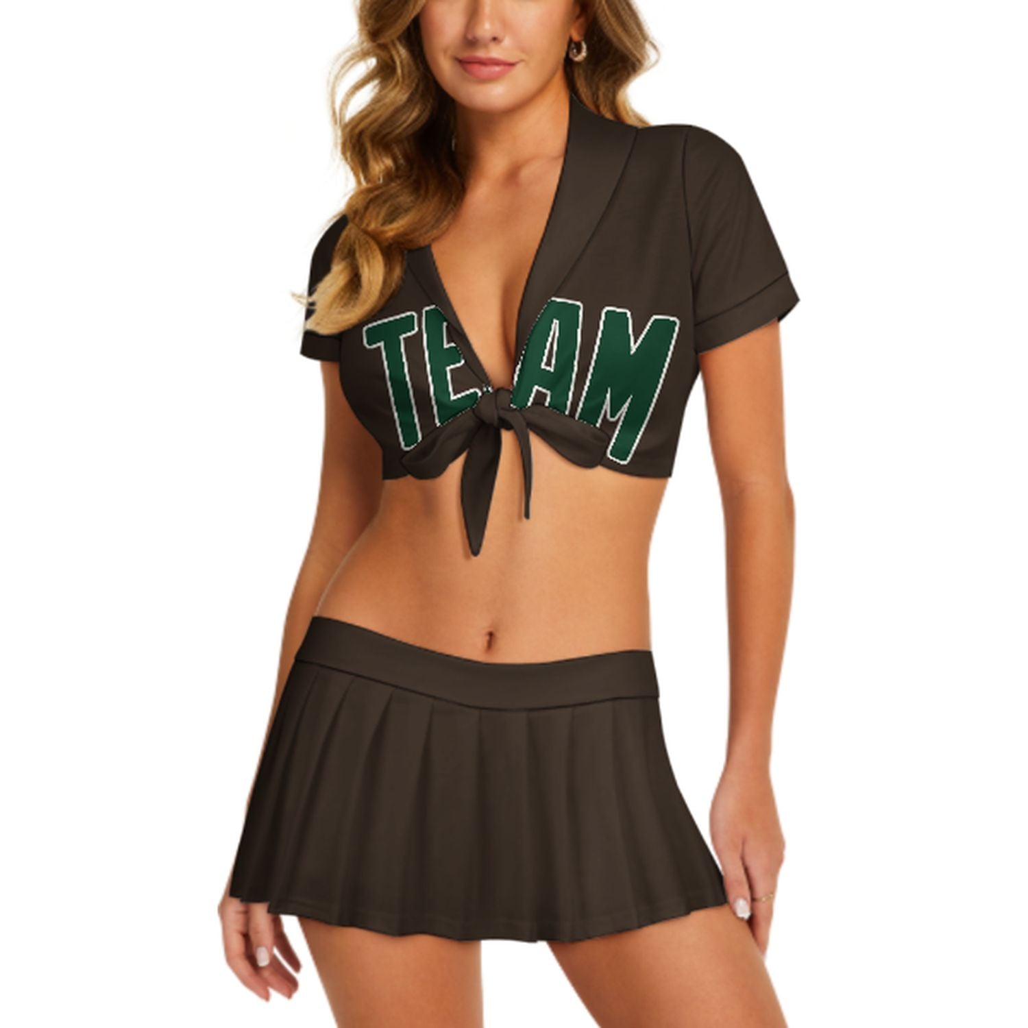 Maßgeschneidertes Braun Moosgrün Cheerleader Outfit Set