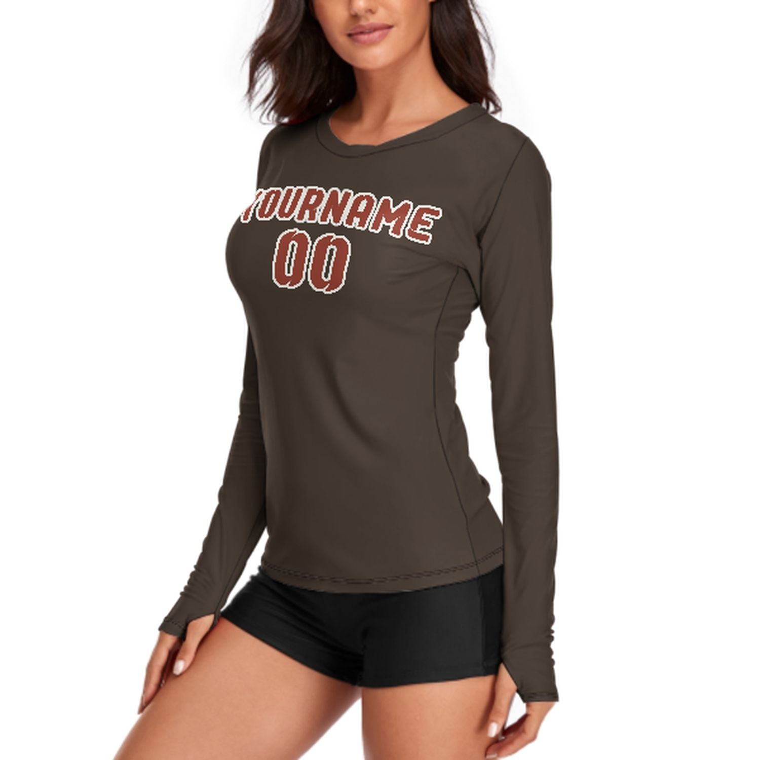 Maßgeschneidertes Braun Korallenrot Damen Langarmshirt