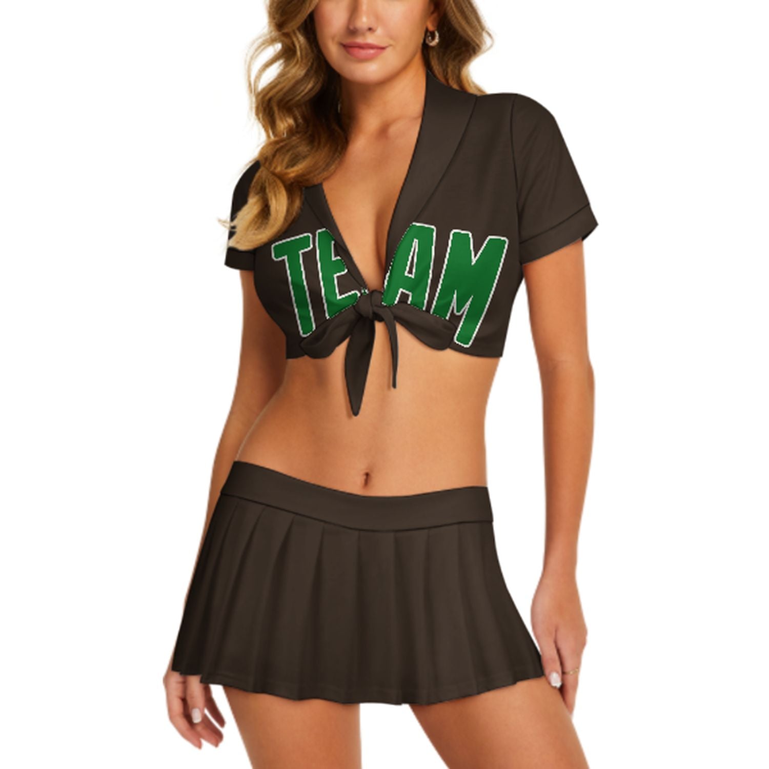 Maßgeschneidertes Braun Smaragdgrün Cheerleader Outfit Set