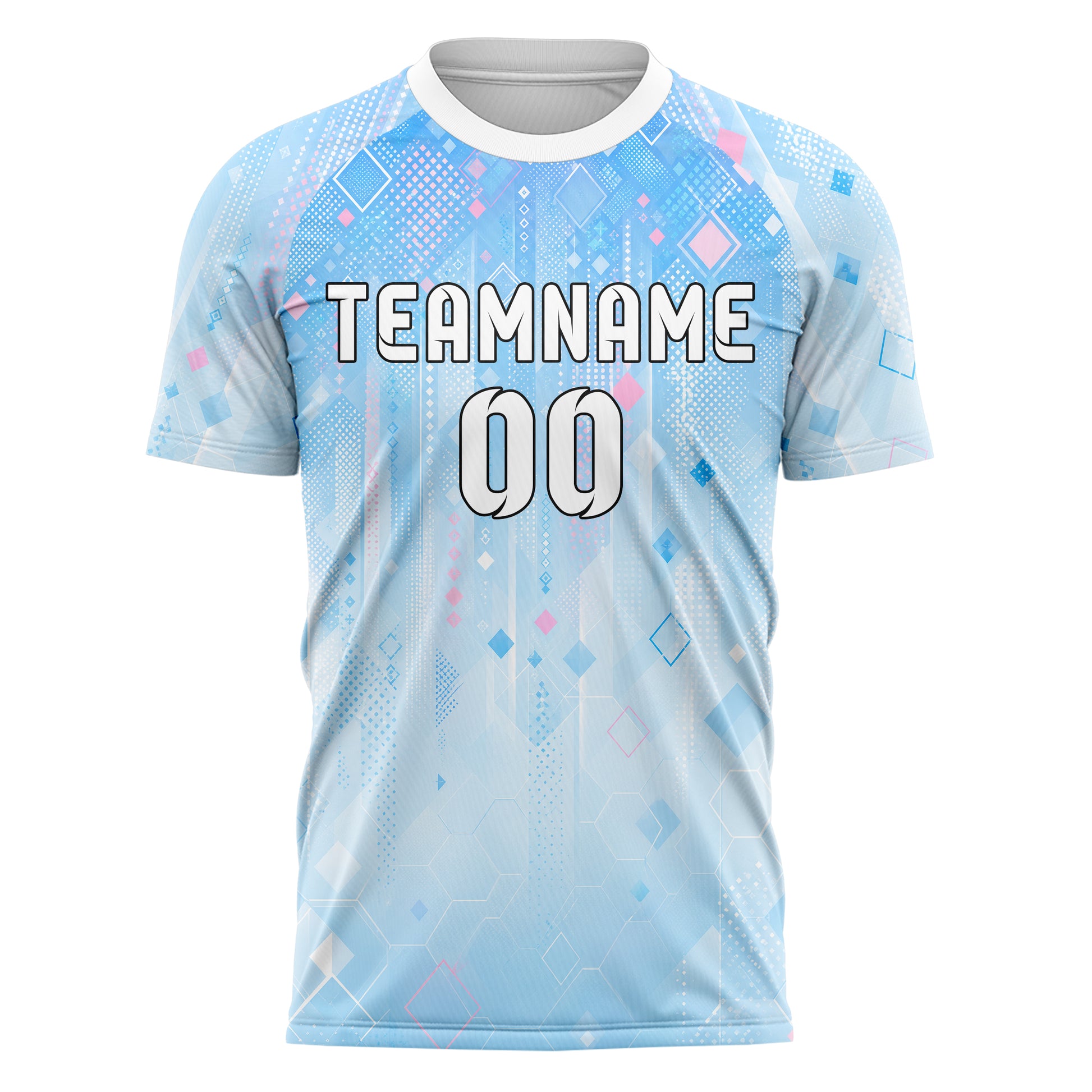 Himmelblau pastelliges Rauten dichter Verlauf von oben Design 01-0008 individuelles Fußballtrikot front