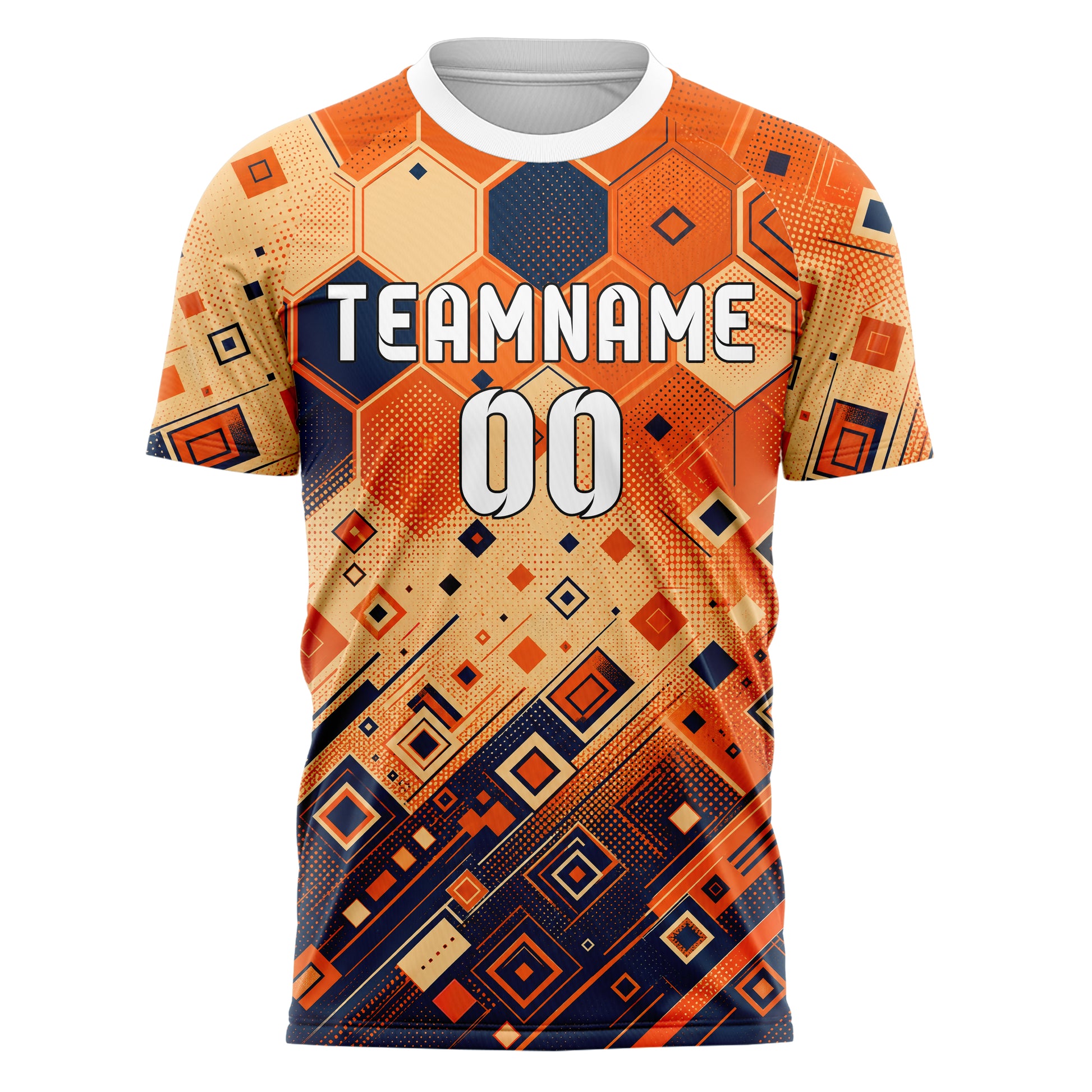 Bay Orange lebendiges Rauten hexagonale Panels Design 01-0006 individuelles Fußballtrikot front