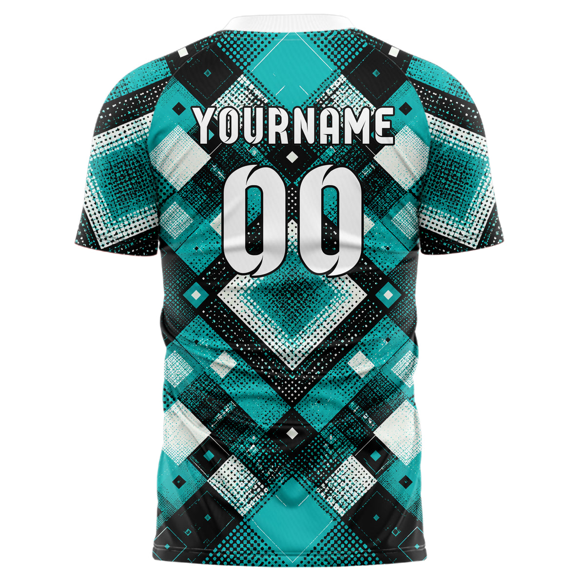 Cyan lebendiges Rauten Square Grid Design 01-0117 individuelles Fußballtrikot back