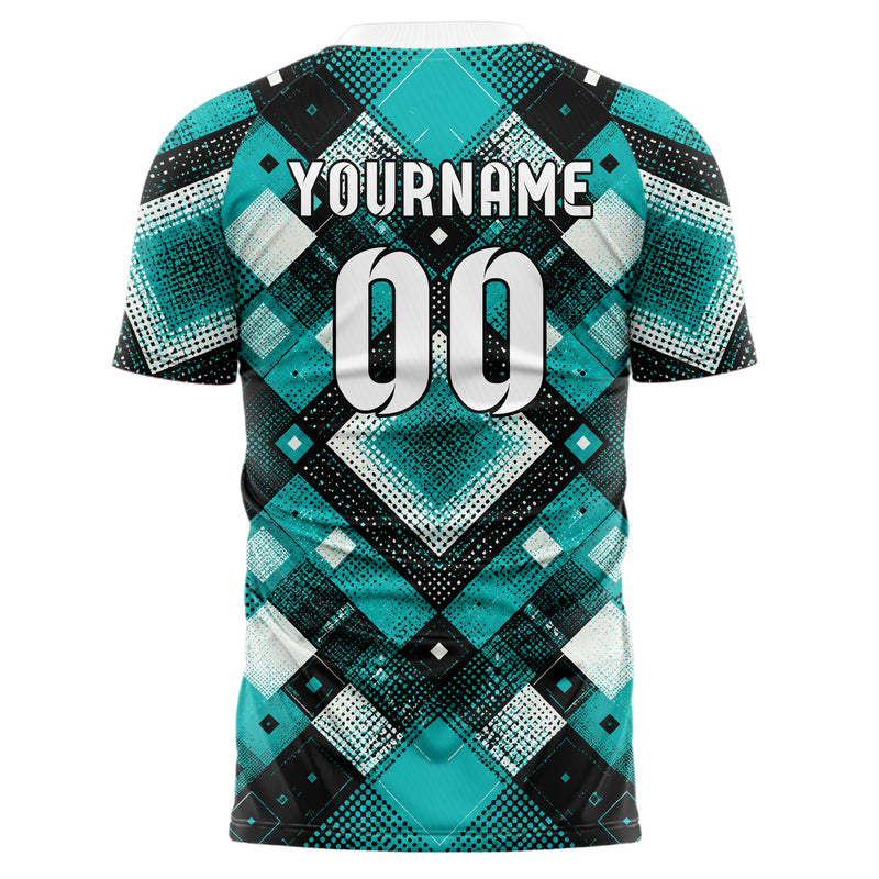 Cyan lebendiges Rauten Square Grid Design 01-0117 individuelles Fußballtrikot back