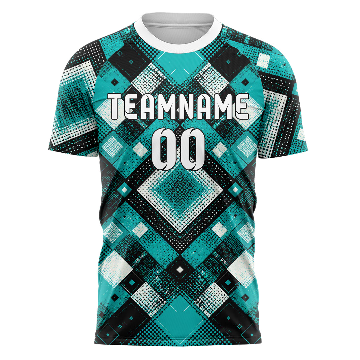 Cyan lebendiges Rauten Square Grid Design 01-0117 individuelles Fußballtrikot front