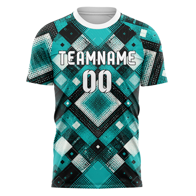 Cyan lebendiges Rauten Square Grid Design 01-0117 individuelles Fußballtrikot front