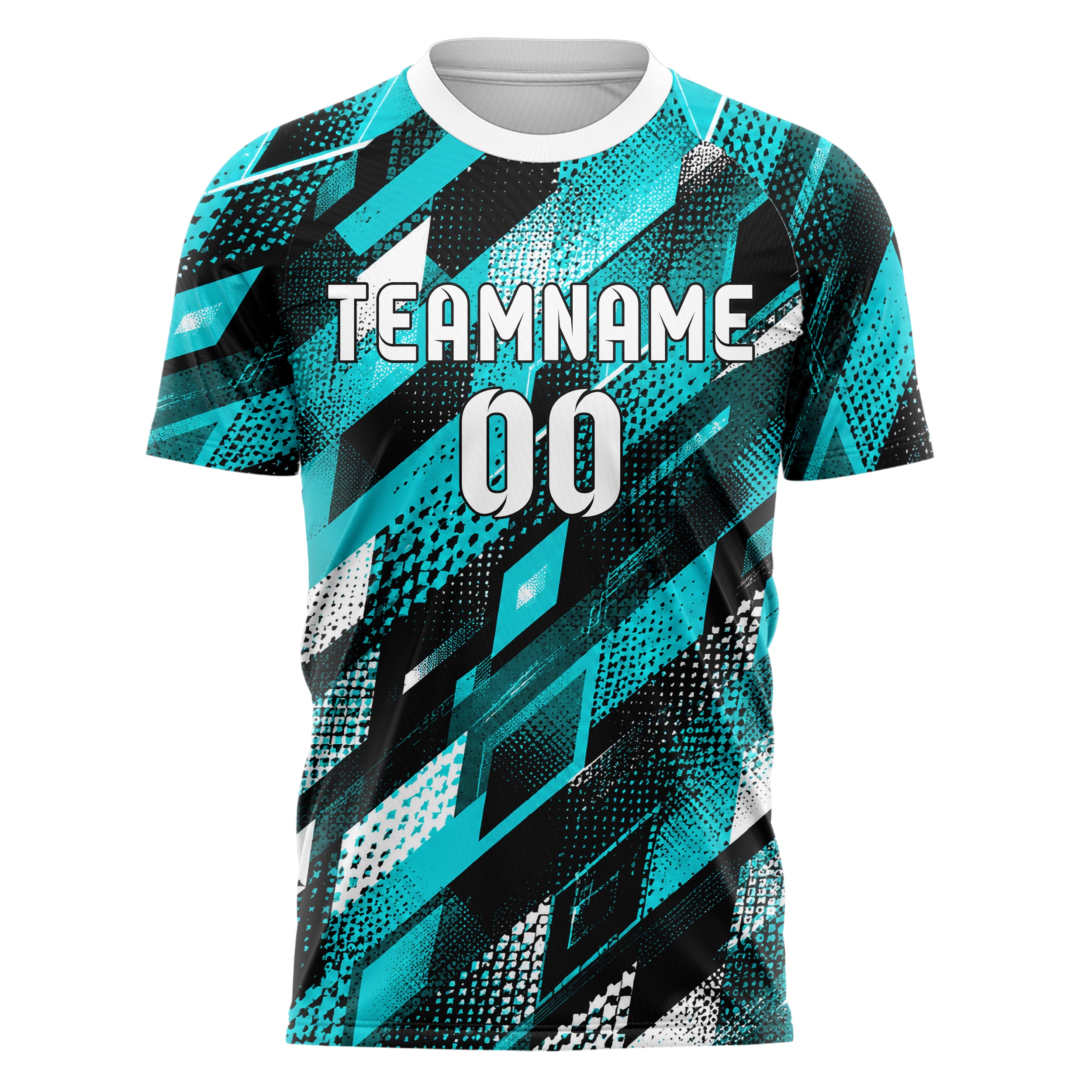 Cyan lebendiges Rauten diagonale Tessellation Design 01-0186 individuelles Fußballtrikot front