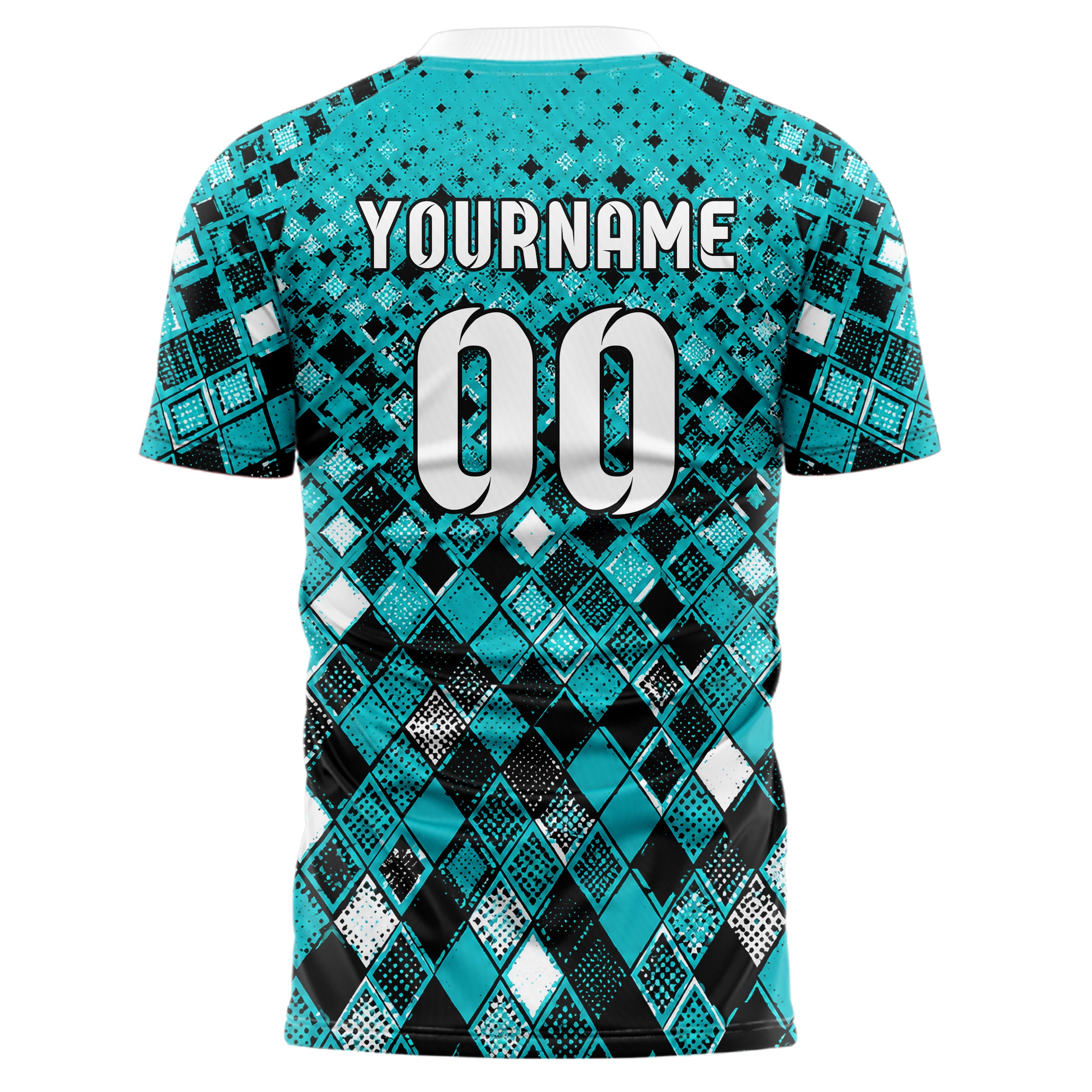 Cyan lebendiges Rauten diagonale Tessellation Design 01-0378 individuelles Fußballtrikot back