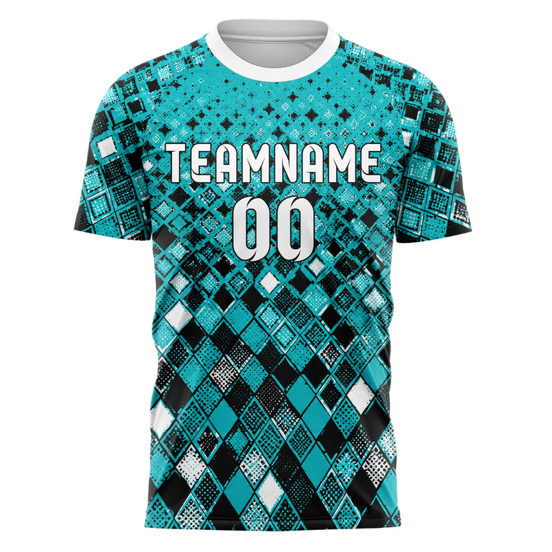 Cyan lebendiges Rauten diagonale Tessellation Design 01-0378 individuelles Fußballtrikot front