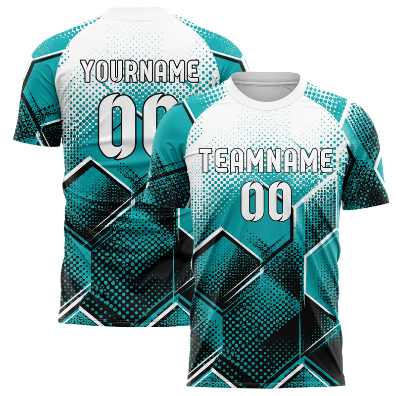 Cyan lebendiges Rauten hexagonale Panels Design 01-0342 individuelles Fußballtrikot main