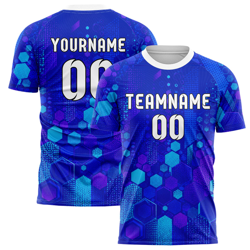 Royalblau lebendiges Rauten hexagonale Panels Design 01-0398 individuelles Fußballtrikot main