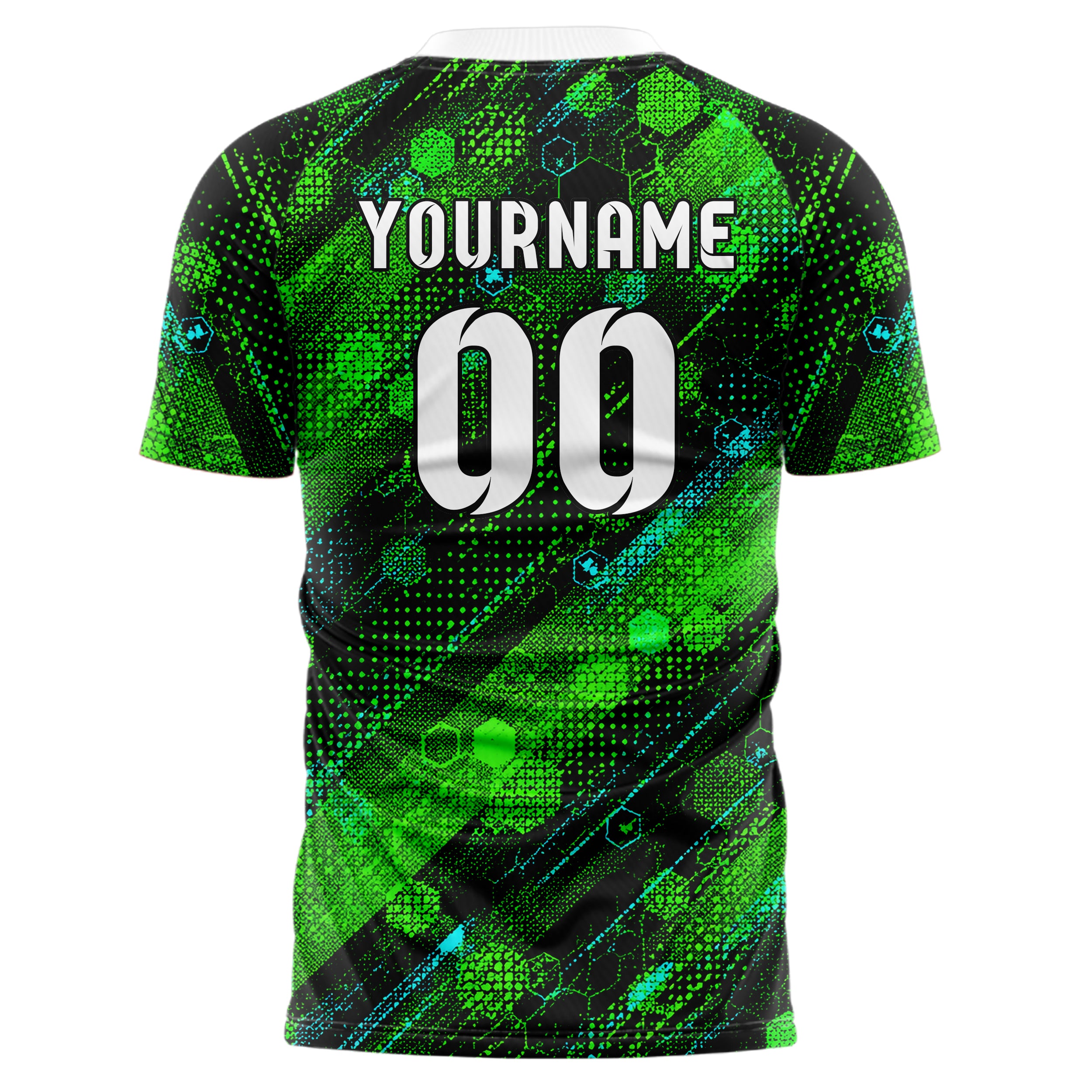 Neongruen lebendiges Rauten hexagonale Panels Design 01-0222 individuelles Fußballtrikot back