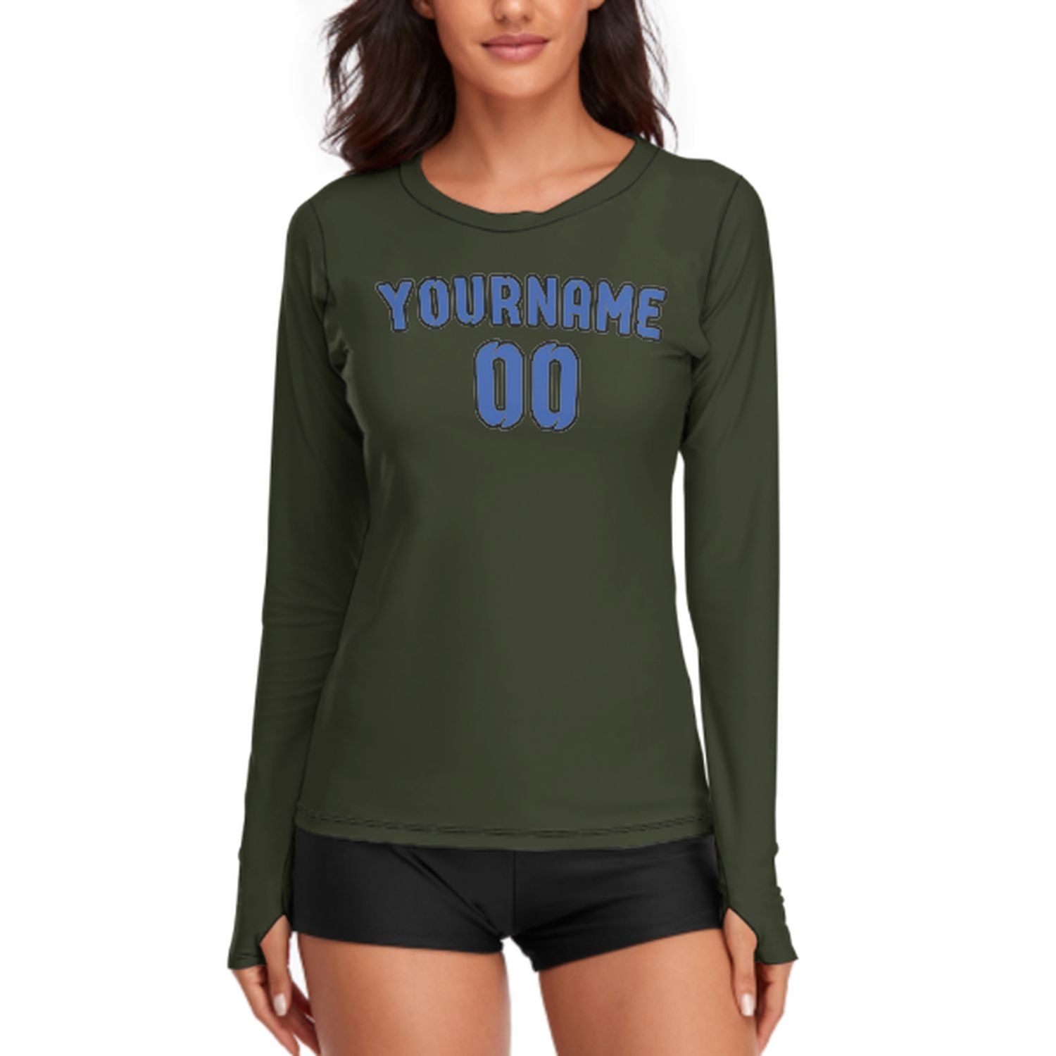 Maßgeschneidertes Dunkles Oliv Himmelblau Damen Langarmshirt