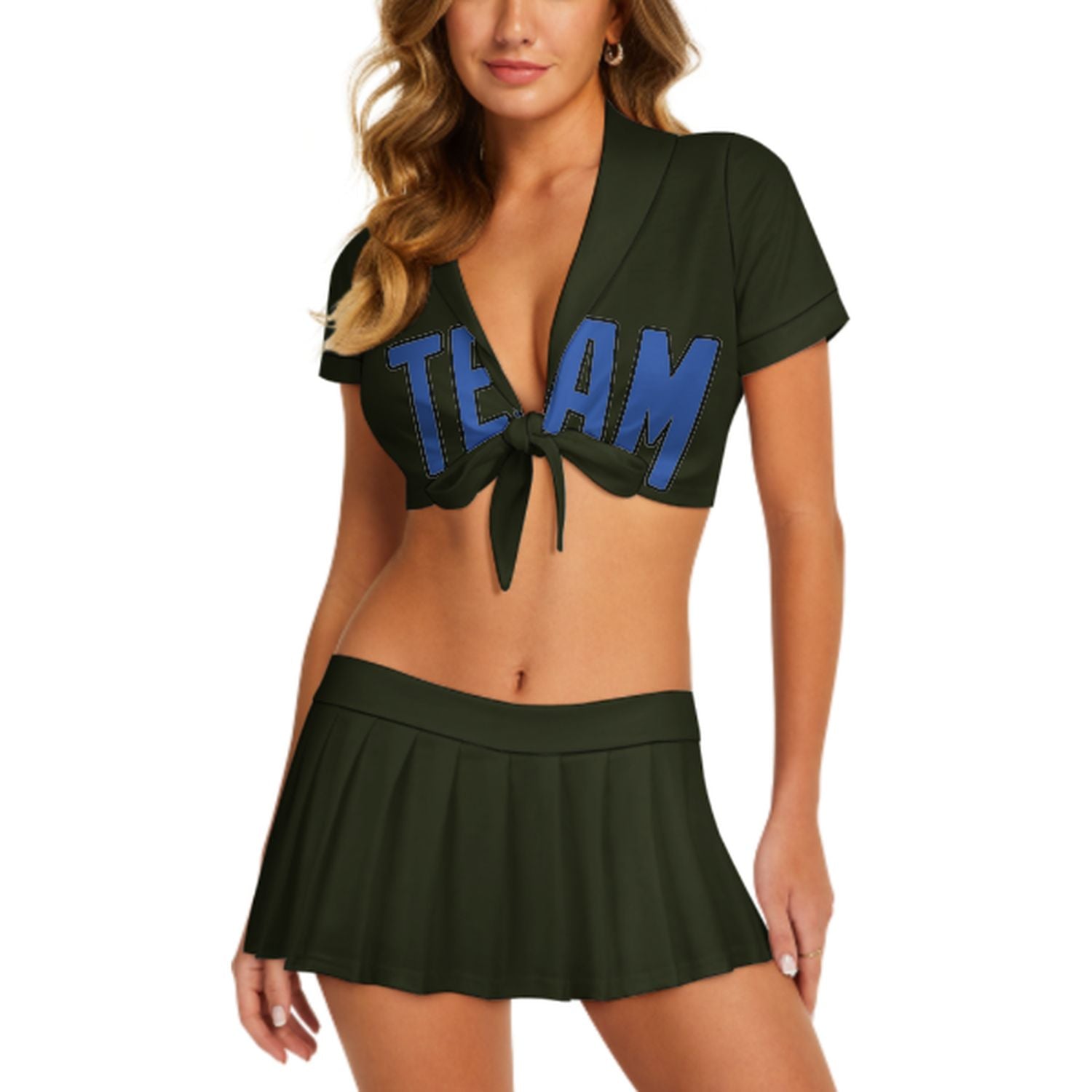 Maßgeschneidertes Dunkles Oliv Himmelblau Cheerleader Outfit Set