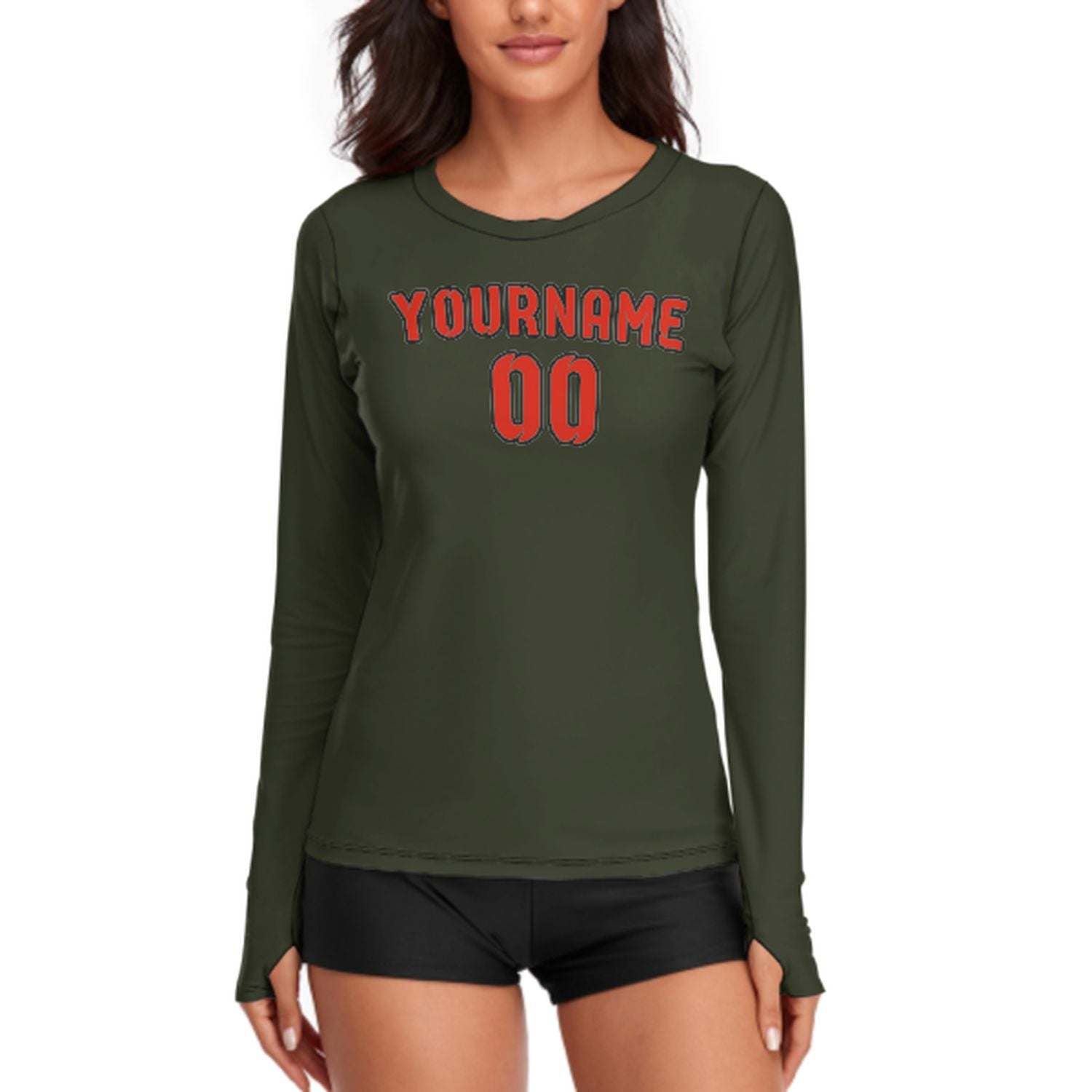 Maßgeschneidertes Dunkles Oliv Orangerot Damen Langarmshirt