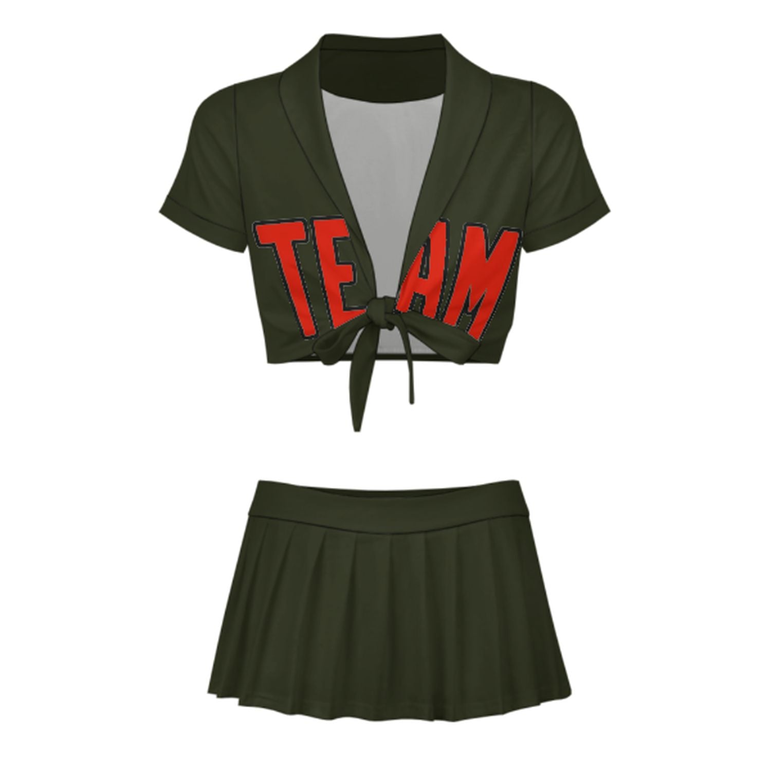 Maßgeschneidertes Dunkles Oliv Orangerot Cheerleader Outfit Set