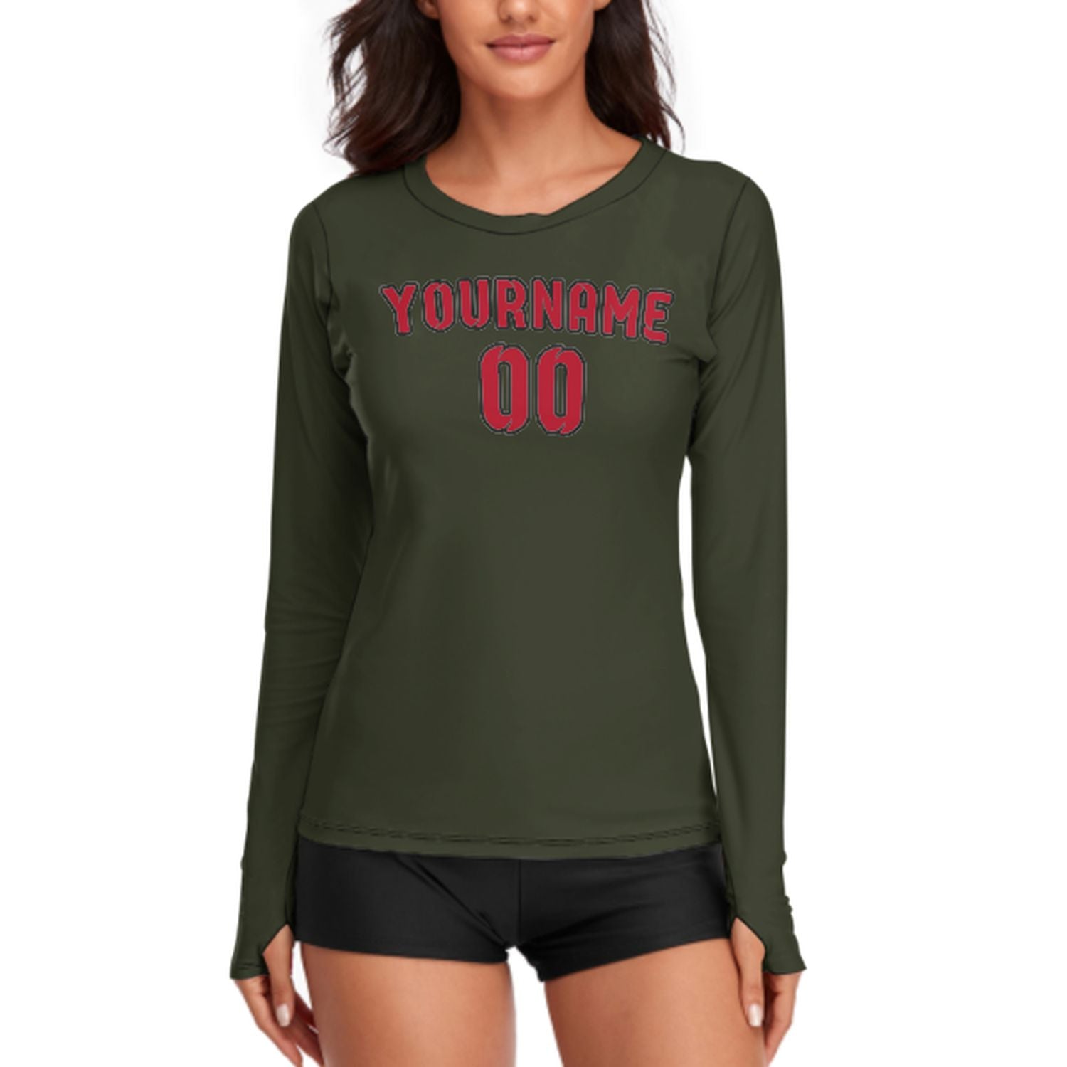 Maßgeschneidertes Dunkles Oliv Rot Damen Langarmshirt