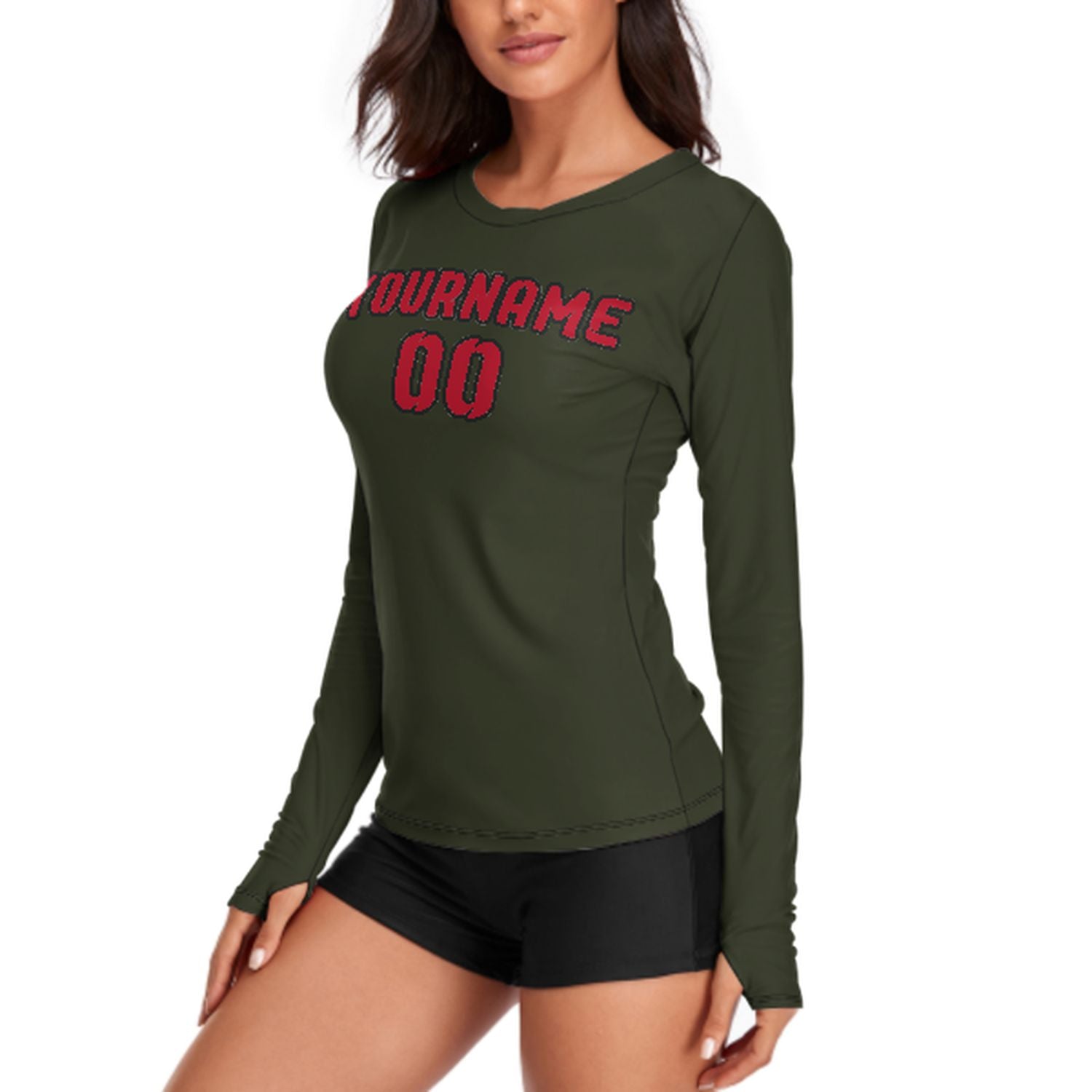 Maßgeschneidertes Dunkles Oliv Rot Damen Langarmshirt