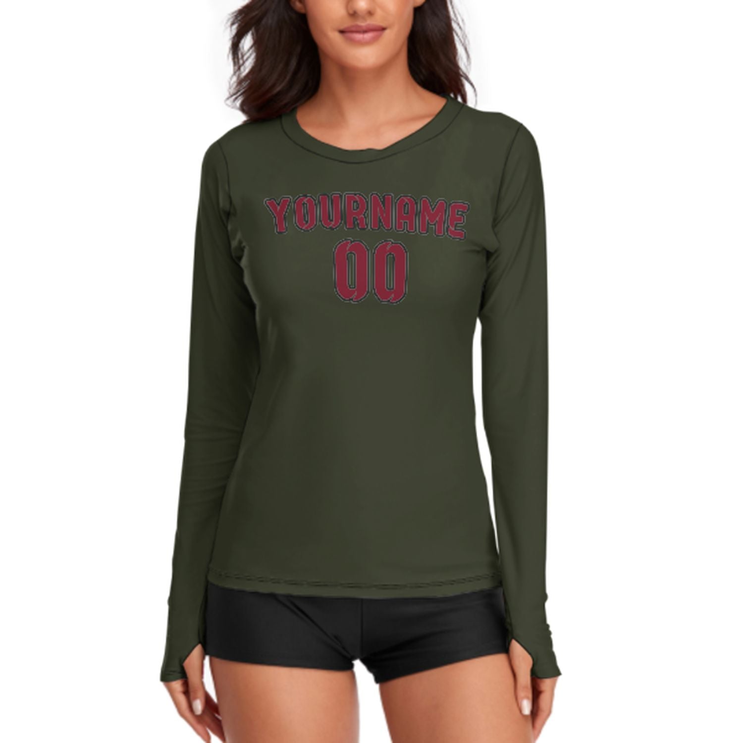 Maßgeschneidertes Dunkles Oliv Karmesinrot Damen Langarmshirt