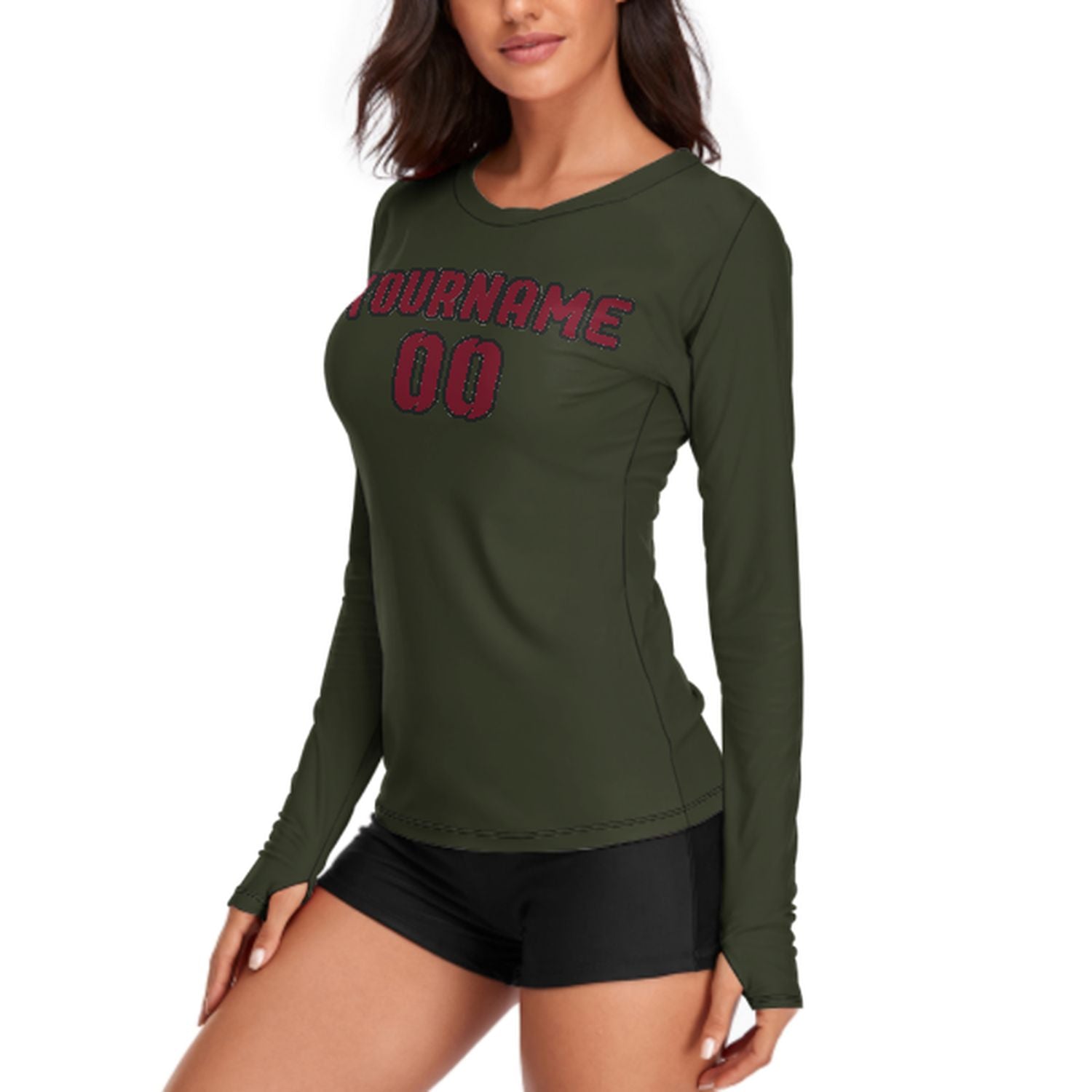 Maßgeschneidertes Dunkles Oliv Karmesinrot Damen Langarmshirt