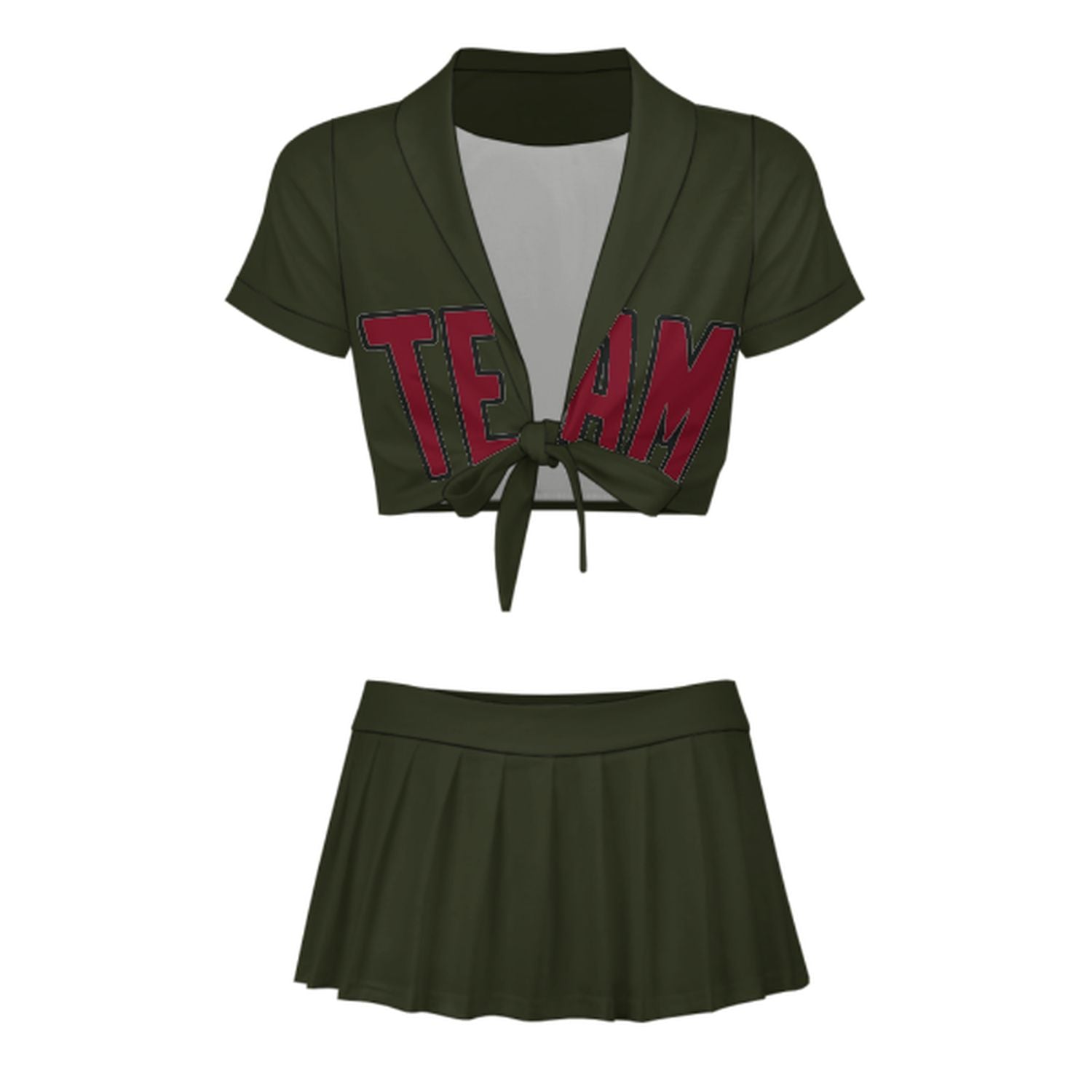 Maßgeschneidertes Dunkles Oliv Karmesinrot Cheerleader Outfit Set