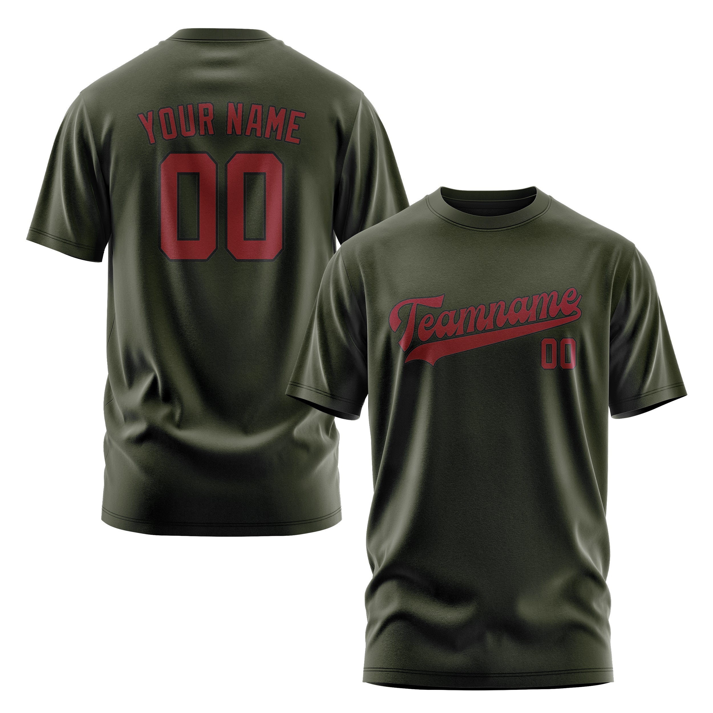 Maßgeschneidertes Dunkles Oliv Karmesinrot T-Shirt