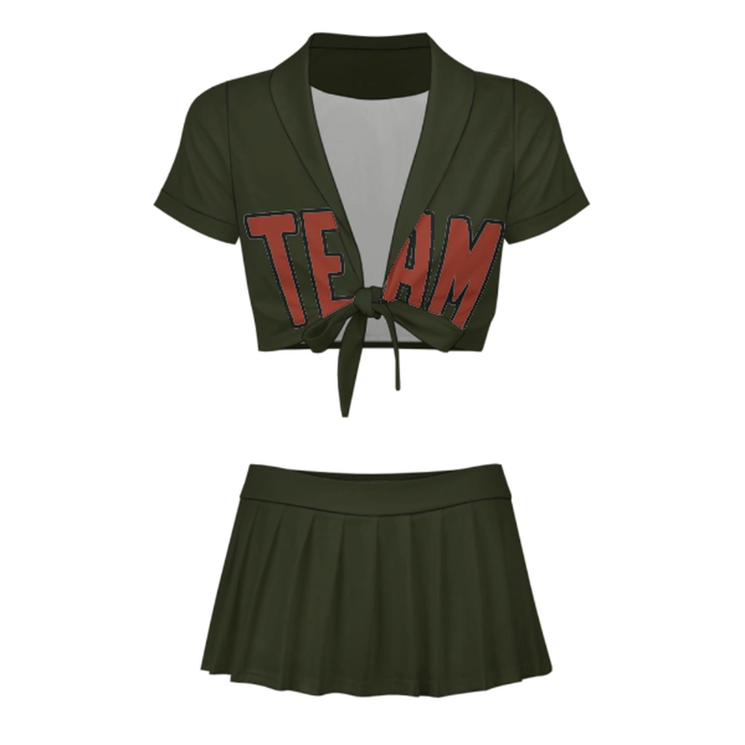 Maßgeschneidertes Dunkles Oliv Korallenrot Cheerleader Outfit Set