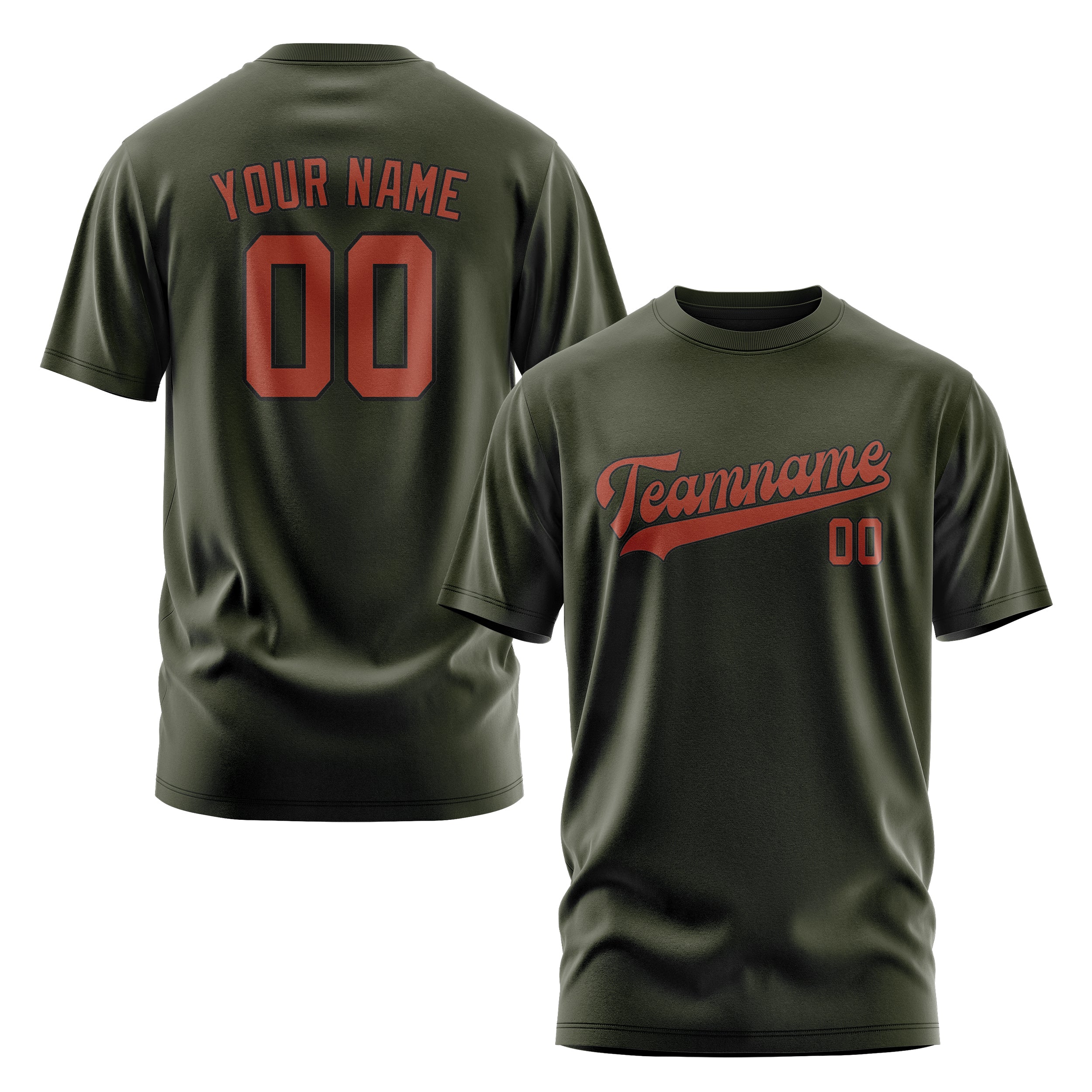 Maßgeschneidertes Dunkles Oliv Korallenrot T-Shirt