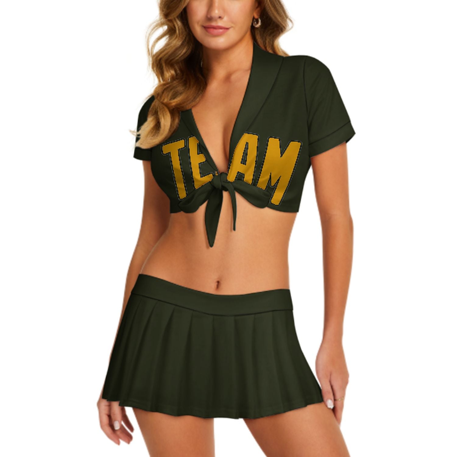 Maßgeschneidertes Dunkles Oliv Gelb Cheerleader Outfit Set