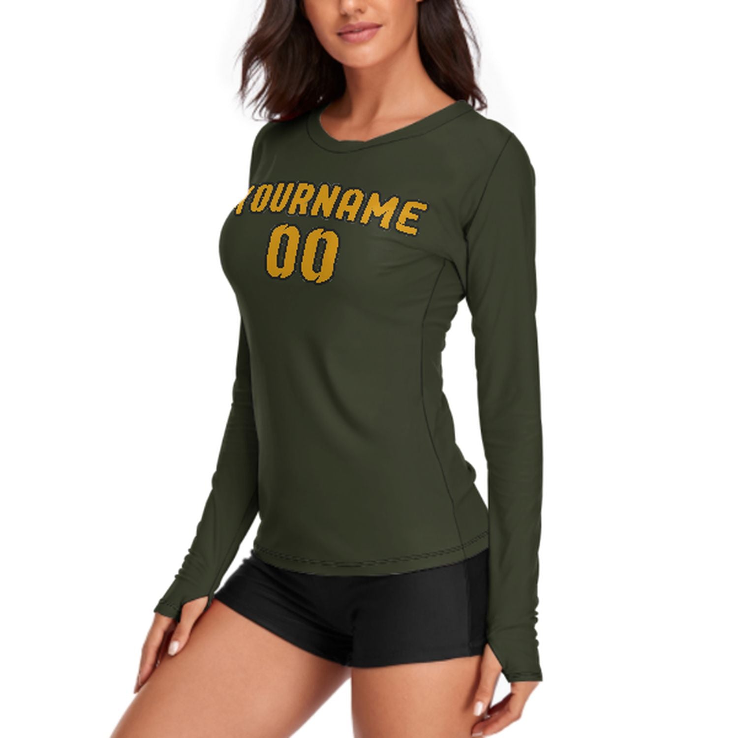 Maßgeschneidertes Dunkles Oliv Gelb Damen Langarmshirt