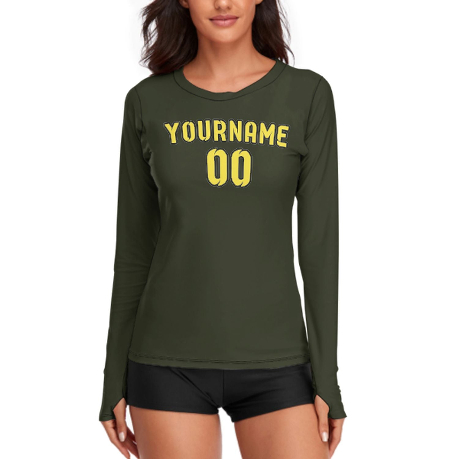 Maßgeschneidertes Dunkles Oliv Blassgelb Damen Langarmshirt