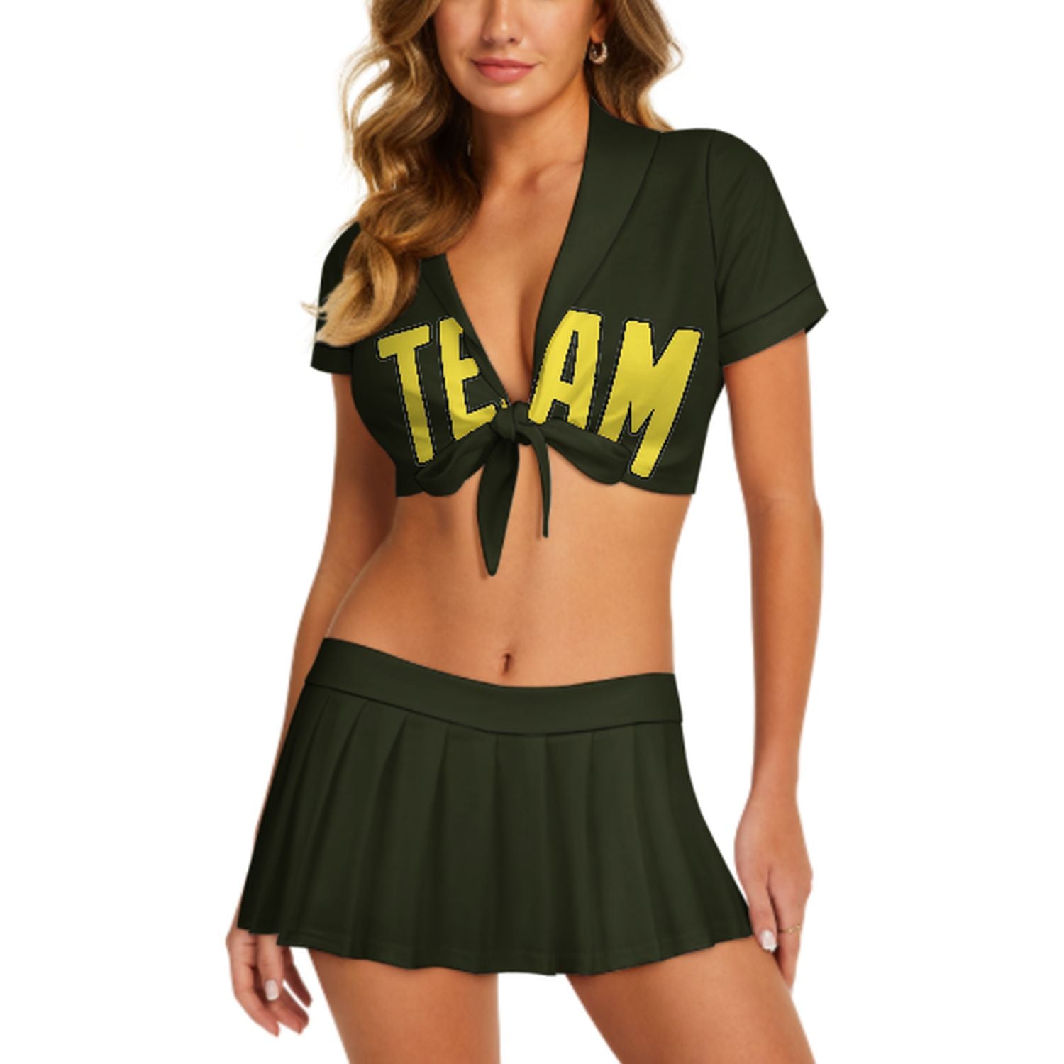 Maßgeschneidertes Dunkles Oliv Blassgelb Cheerleader Outfit Set