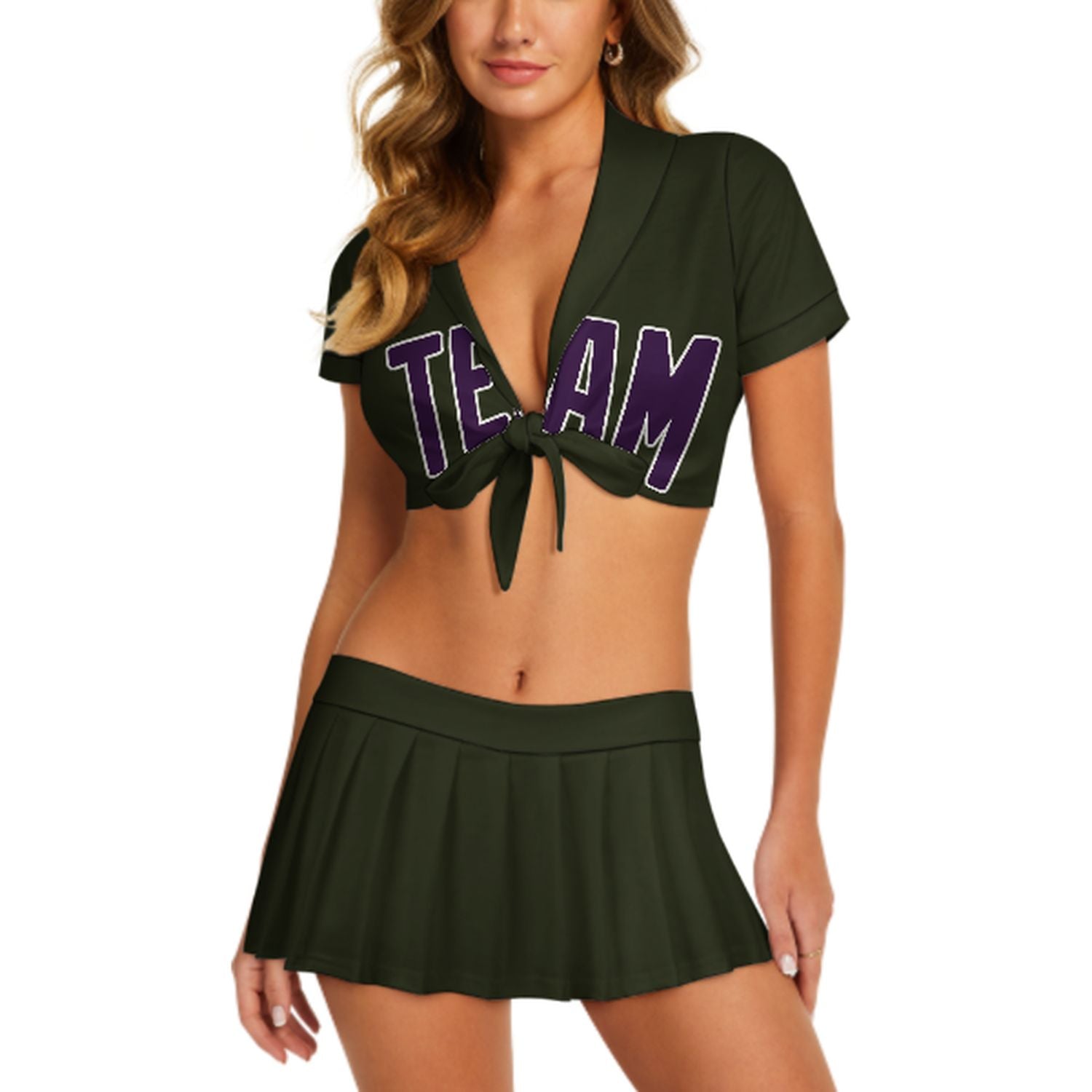 Maßgeschneidertes Dunkles Oliv Lila Cheerleader Outfit Set
