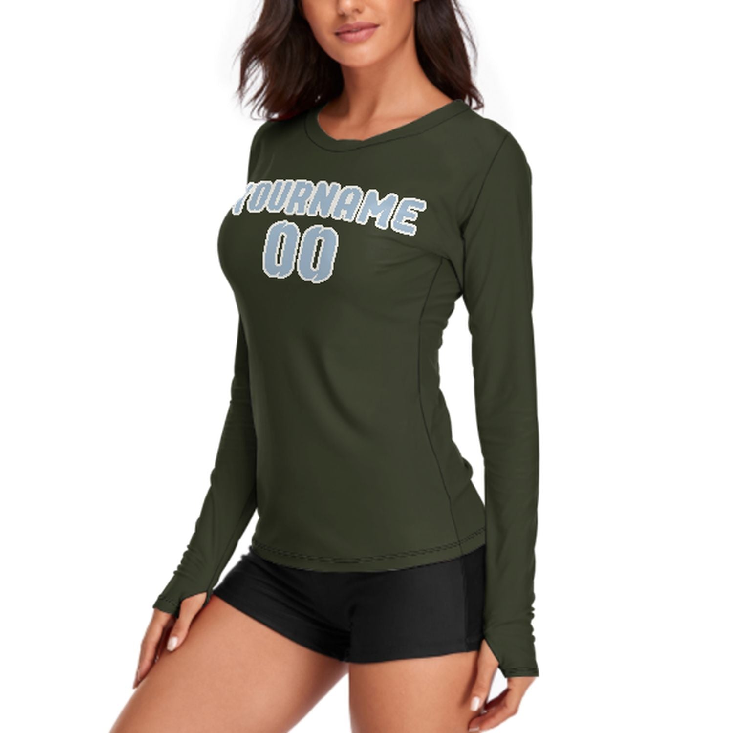Maßgeschneidertes Dunkles Oliv Hellblau Damen Langarmshirt