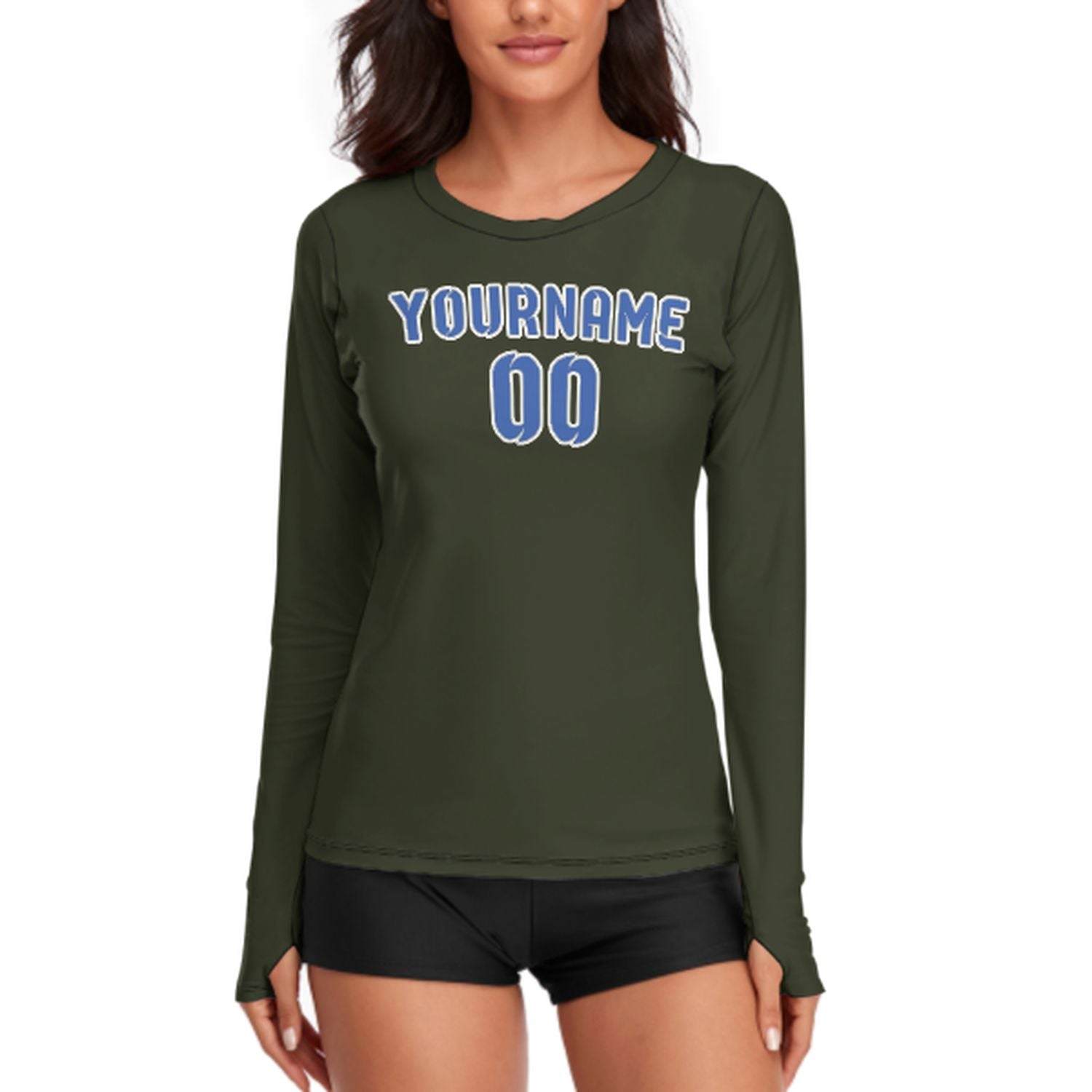 Maßgeschneidertes Dunkles Oliv Himmelblau Damen Langarmshirt