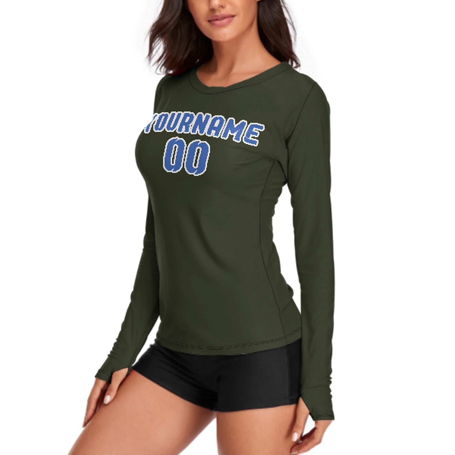 Maßgeschneidertes Dunkles Oliv Himmelblau Damen Langarmshirt