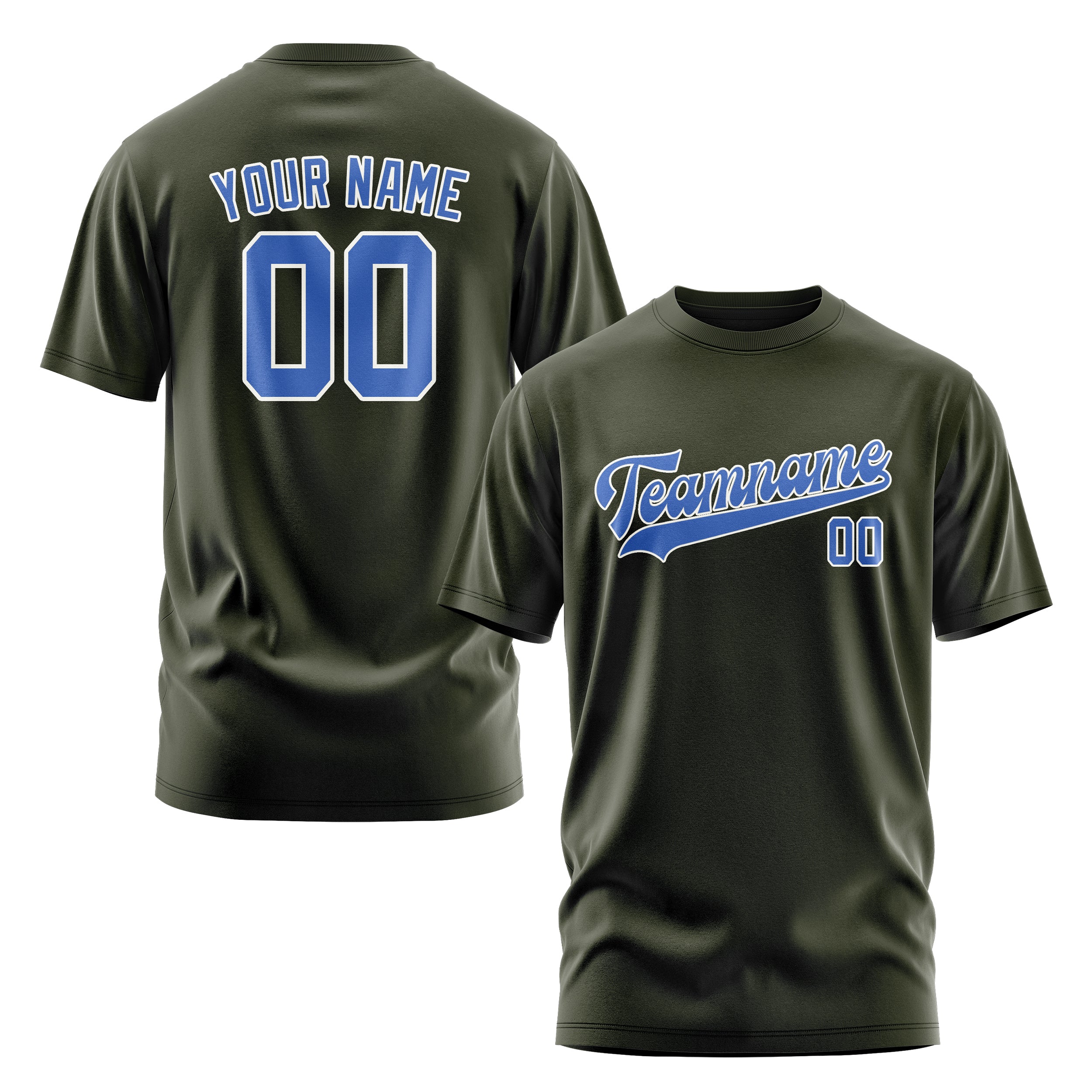 Maßgeschneidertes Dunkles Oliv Himmelblau T-Shirt