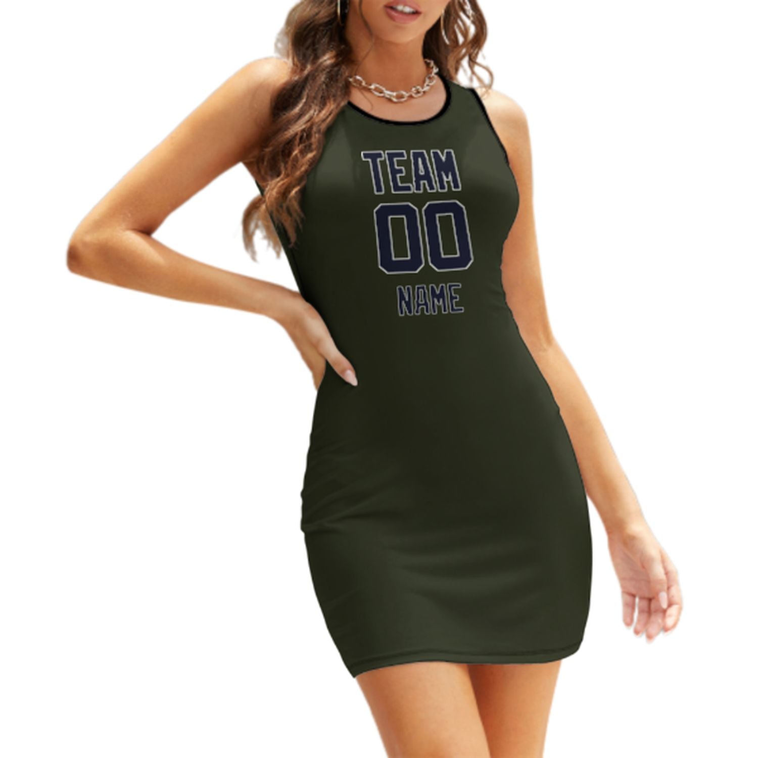 Maßgeschneidertes Dunkles Oliv Stahlblau Ärmelloses Trägerkleid