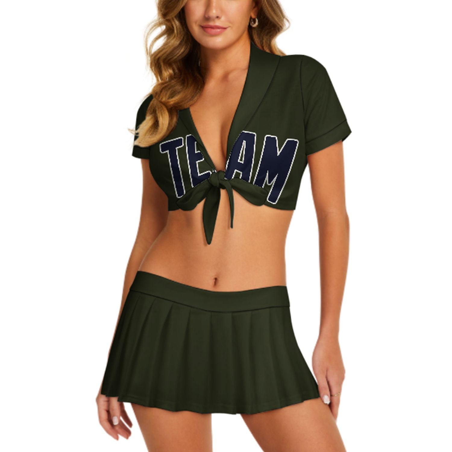 Maßgeschneidertes Dunkles Oliv Stahlblau Cheerleader Outfit Set