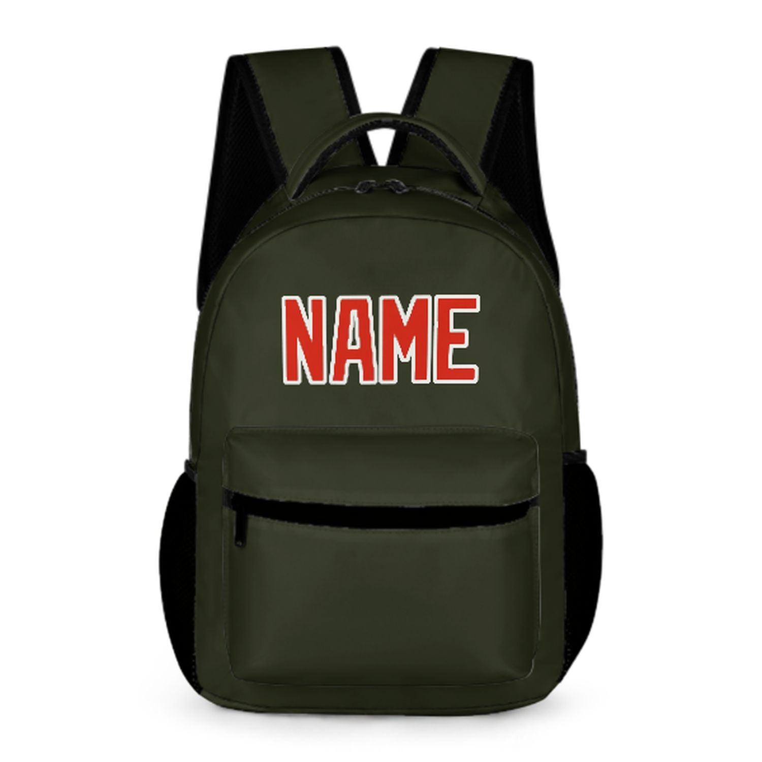 Zaino personalizzato per bambini color oliva scuro, arancione e rosso