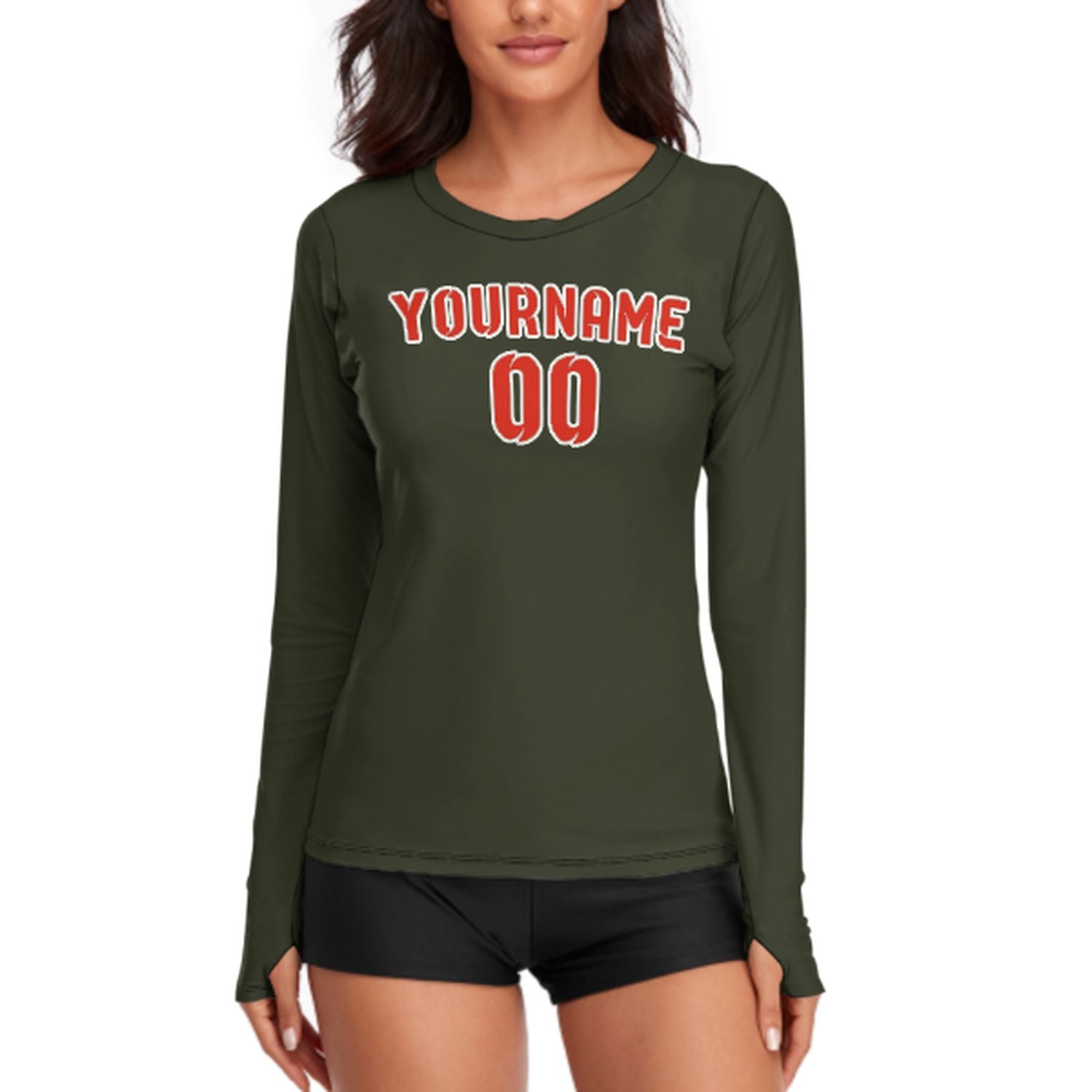 Maßgeschneidertes Dunkles Oliv Orangerot Damen Langarmshirt