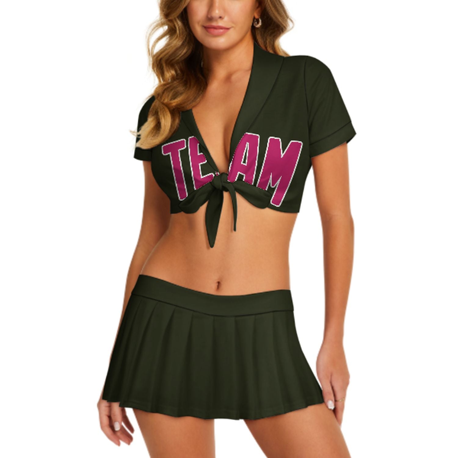 Maßgeschneidertes Dunkles Oliv Rosarot Cheerleader Outfit Set