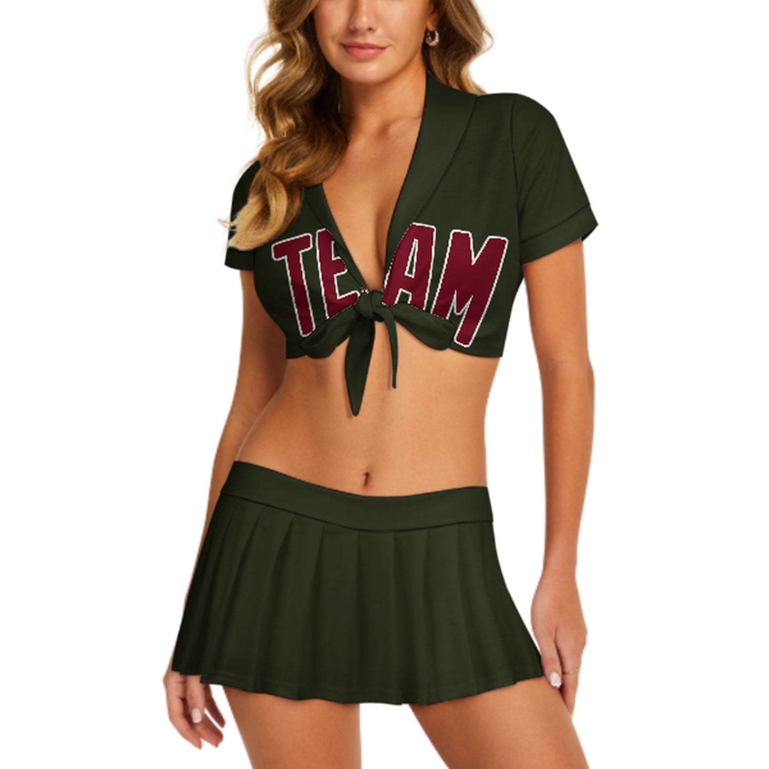 Maßgeschneidertes Dunkles Oliv Karmesinrot Cheerleader Outfit Set