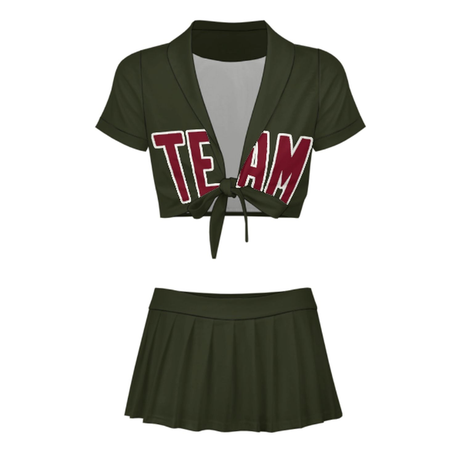 Maßgeschneidertes Dunkles Oliv Karmesinrot Cheerleader Outfit Set