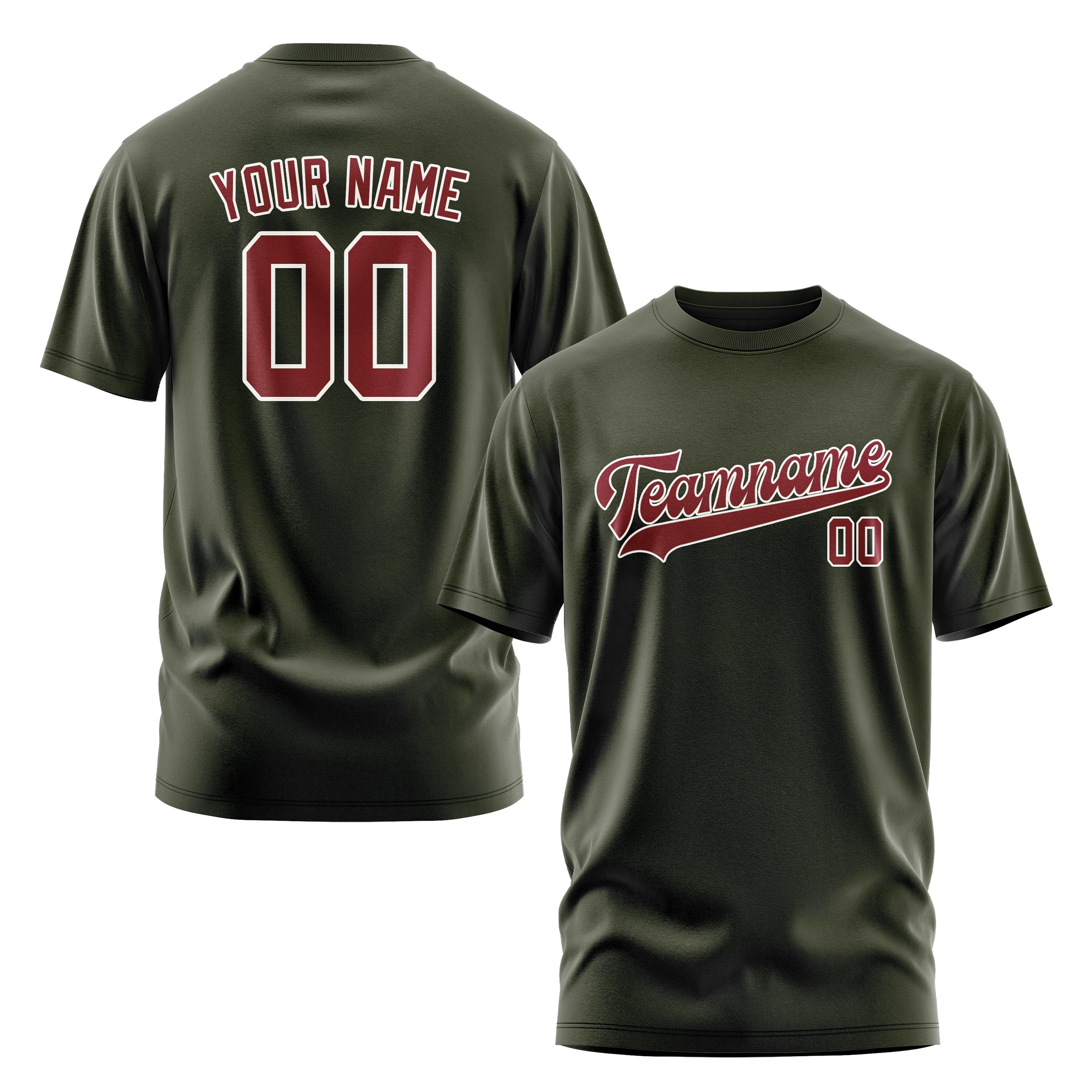 Maßgeschneidertes Dunkles Oliv Karmesinrot T-Shirt