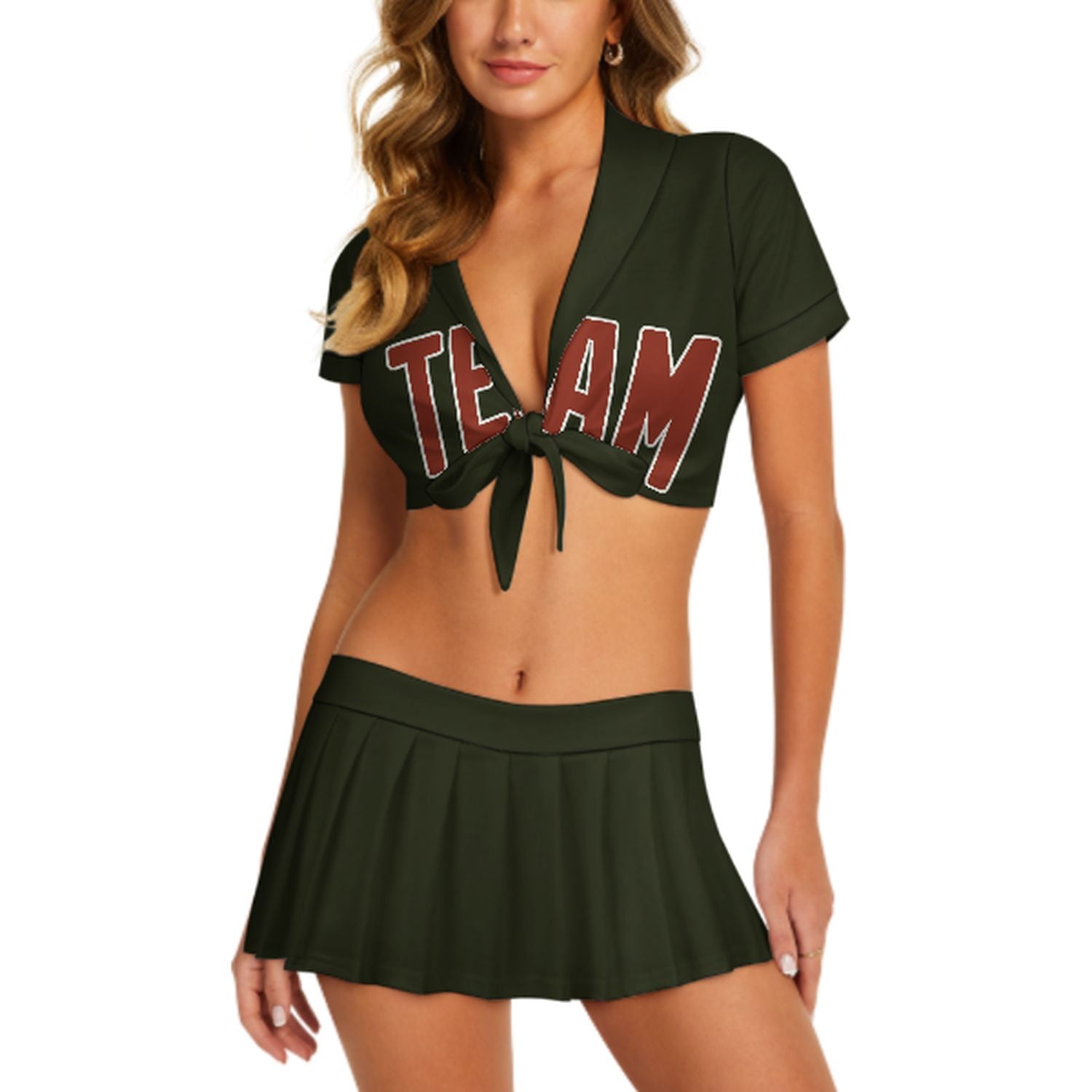 Maßgeschneidertes Dunkles Oliv Korallenrot Cheerleader Outfit Set