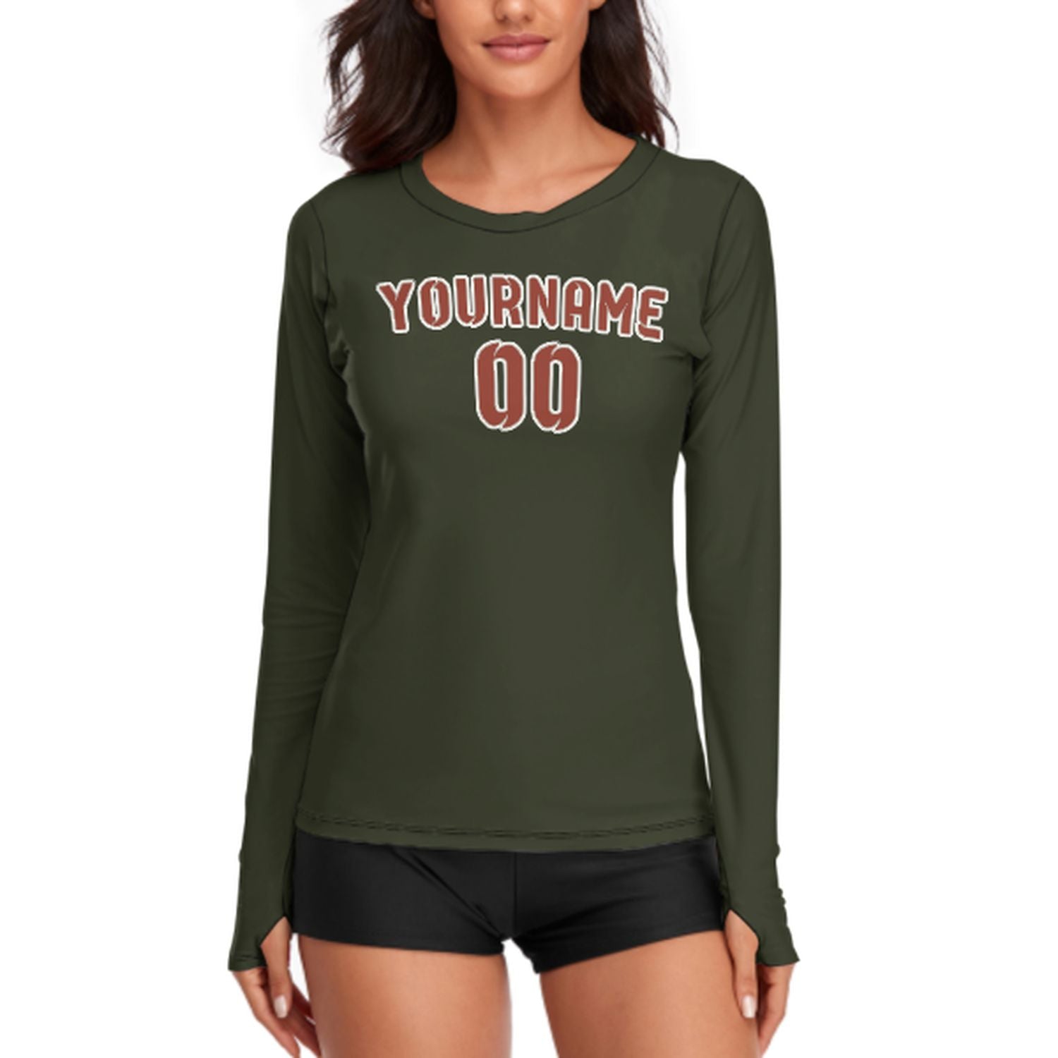 Maßgeschneidertes Dunkles Oliv Korallenrot Damen Langarmshirt