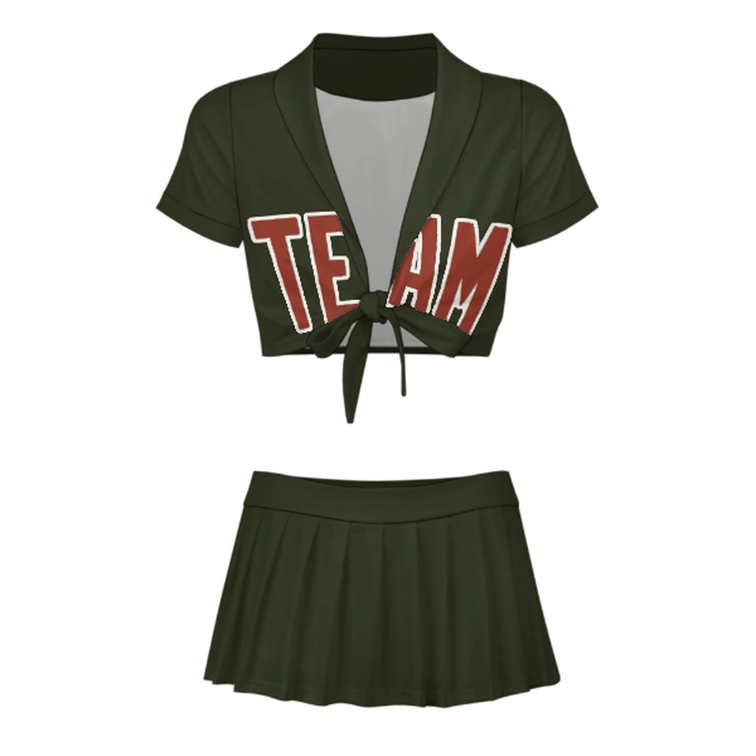 Maßgeschneidertes Dunkles Oliv Korallenrot Cheerleader Outfit Set